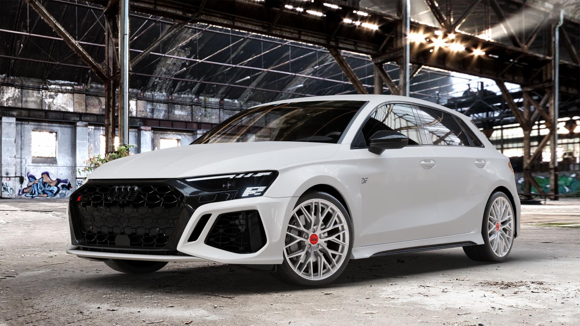 MAM RS4 MATT SILVER PAINTED Felge mit Reifen silber in 19Zoll Winterfelge Alufelge auf weissem Audi A3 Typ GY (Sportback) 2,5l TFSI quattro 294kW RS3 (400 PS) 299kW (407 ⬇️ mit 15mm Tieferlegung ⬇️ Old Industrial Hall_max_4400mm_2024 Frontansicht_1