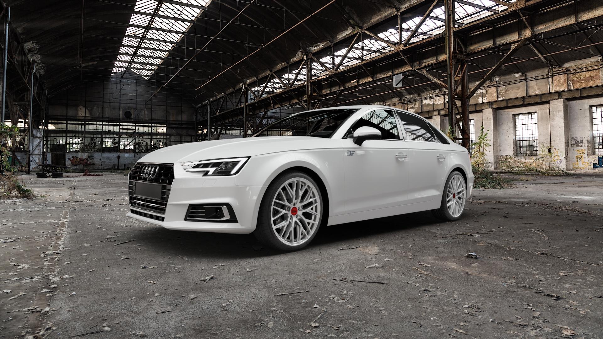 MAM RS4 MATT SILVER PAINTED Felge mit Reifen silber in 19Zoll Winterfelge Alufelge auf weissem Audi A4 Typ B9 (Limousine) ⬇️ mit 15mm Tieferlegung ⬇️ Old Industrial Hall_max5000mm_2022 Frontansicht_1