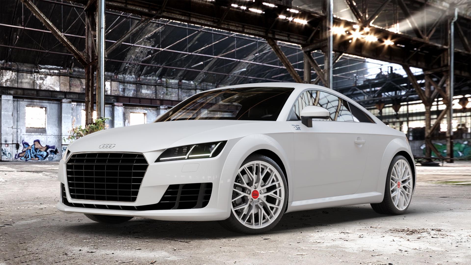 MAM RS4 MATT SILVER PAINTED Felge mit Reifen silber in 19Zoll Winterfelge Alufelge auf weissem Audi TT III Typ 8S (Coupé) (Roadster) ⬇️ mit 15mm Tieferlegung ⬇️ Old Industrial Hall_max_4400mm_2024 Frontansicht_1