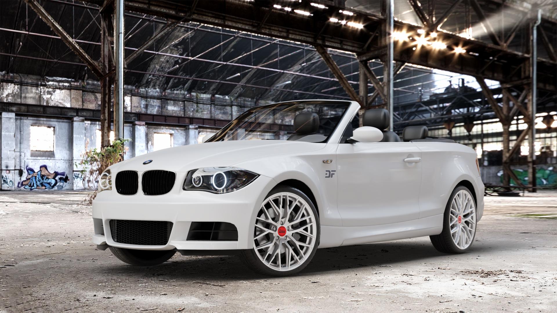 MAM RS4 MATT SILVER PAINTED Felge mit Reifen silber in 19Zoll Winterfelge Alufelge auf weissem BMW 118i Typ E88 (Cabriolet) 120d 120i 125i 135i 123d 118d 1er Cabrio (182, 1C) ⬇️ mit 15mm Tieferlegung ⬇️ Old Industrial Hall_max_4400mm_2024 Frontansicht_1