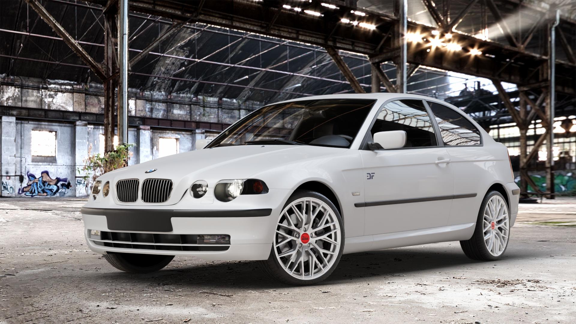 MAM RS4 MATT SILVER PAINTED Felge mit Reifen silber in 19Zoll Winterfelge Alufelge auf weissem BMW 316ti Typ E46 (Compact) 318ti 325ti 318td 320td 3er Compact (346K) ⬇️ mit 15mm Tieferlegung ⬇️ Old Industrial Hall_max_4400mm_2024 Frontansicht_1