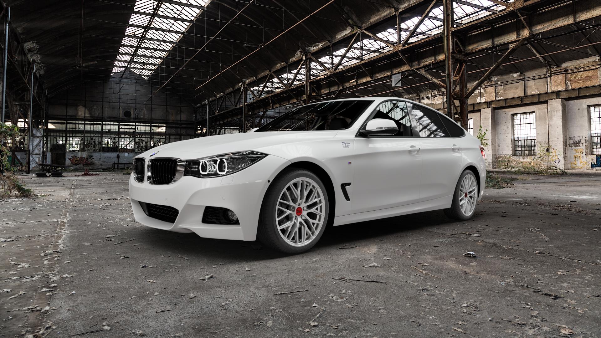 MAM RS4 MATT SILVER PAINTED Felge mit Reifen silber in 19Zoll Winterfelge Alufelge auf weissem BMW 320i Typ F34 (Gran Turismo) 328i 335i 318d 320d 325d xDrive 330d 335d 340i 330i 3er GT (3-V, 3K-N1) ⬇️ mit 15mm Tieferlegung ⬇️ Old Industrial Hall_max5000mm_2022 Frontansicht_1