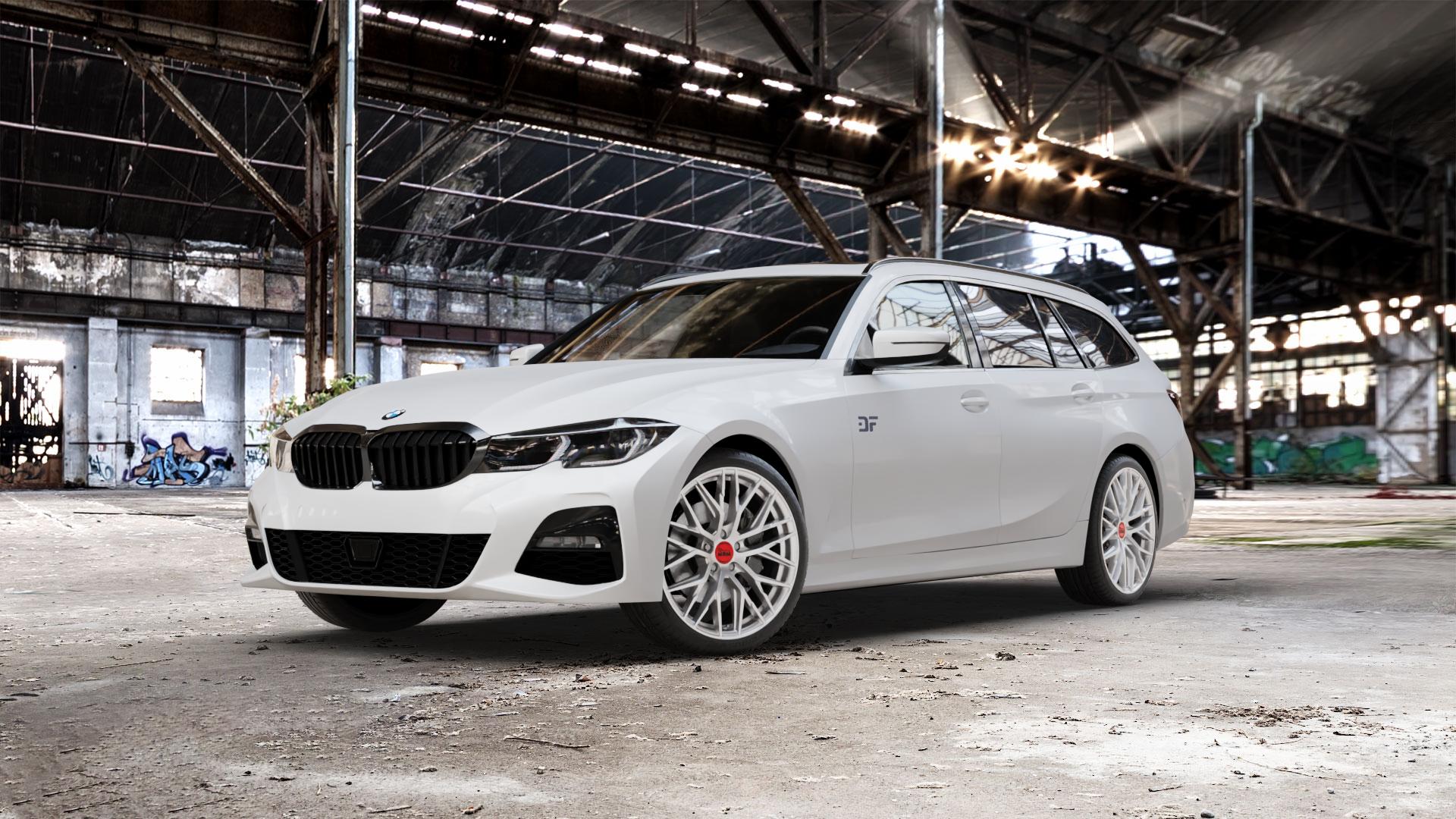 MAM RS4 MATT SILVER PAINTED Felge mit Reifen silber in 19Zoll Winterfelge Alufelge auf weissem BMW 3er G21 Touring (G3K) ⬇️ mit 15mm Tieferlegung ⬇️ Old Industrial Hall_max_5300mm_2024 Frontansicht_1