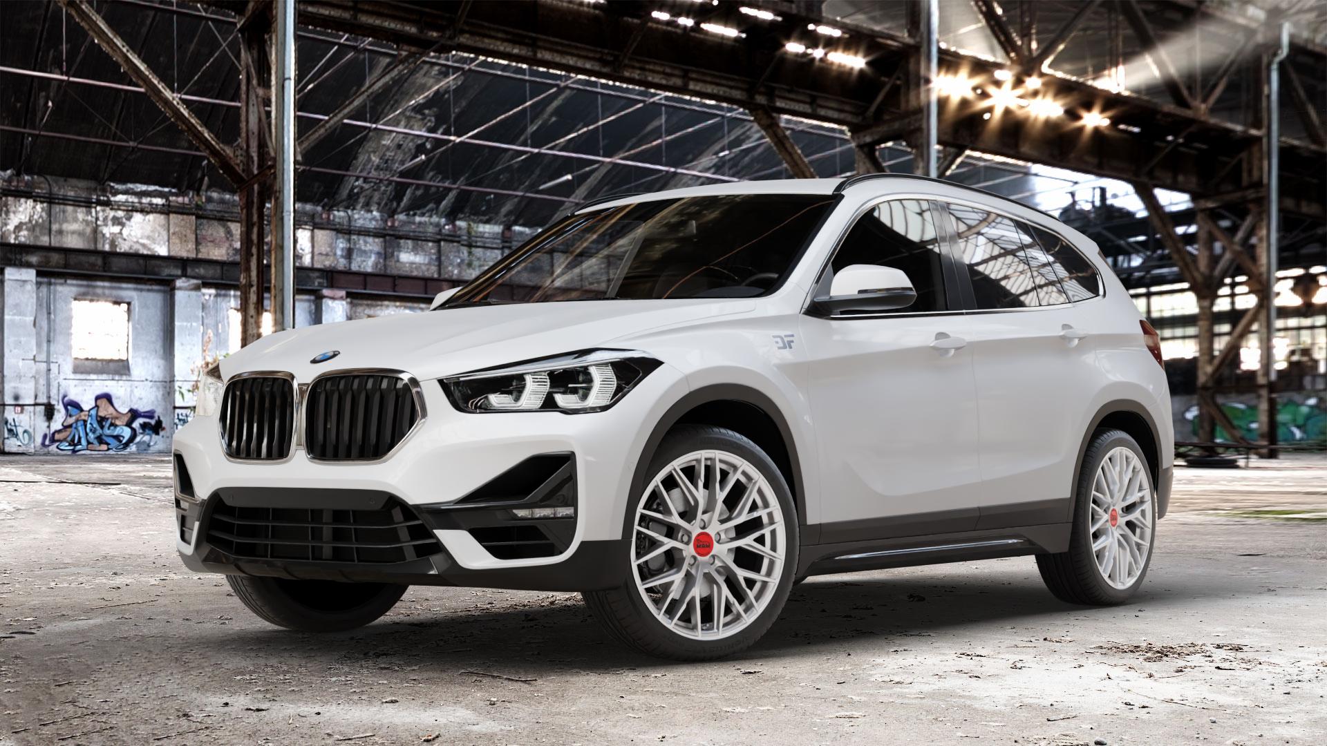 MAM RS4 MATT SILVER PAINTED Felge mit Reifen silber in 19Zoll Winterfelge Alufelge auf weissem BMW X1 Typ F48 (F1X) Facelift ⬇️ mit 15mm Tieferlegung ⬇️ Old Industrial Hall_max_4400mm_2024 Frontansicht_1