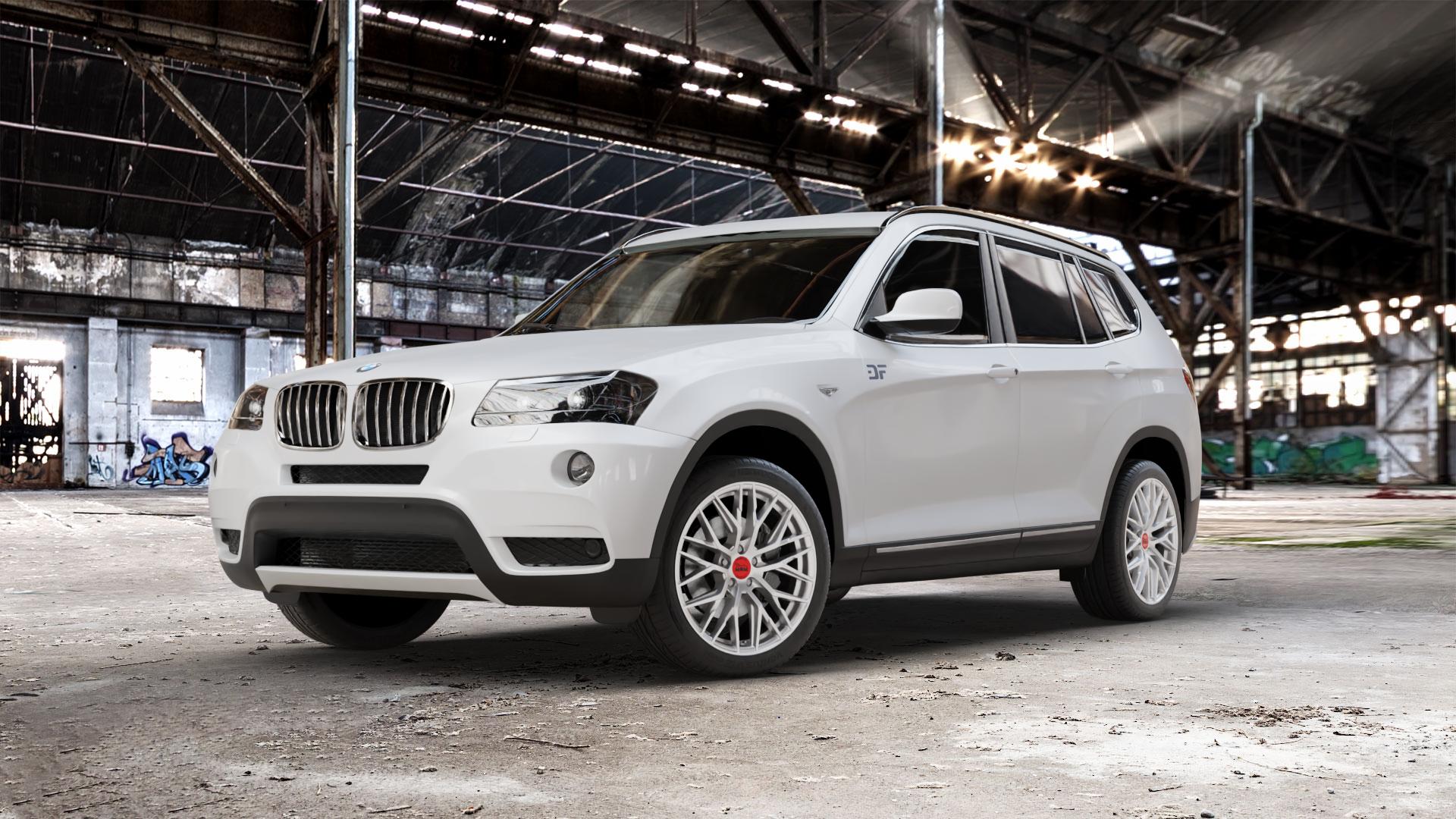 MAM RS4 MATT SILVER PAINTED Felge mit Reifen silber in 19Zoll Winterfelge Alufelge auf weissem BMW X3 Typ F25 (X3, X-N1) ⬇️ mit 15mm Tieferlegung ⬇️ Old Industrial Hall_max_5300mm_2024 Frontansicht_1