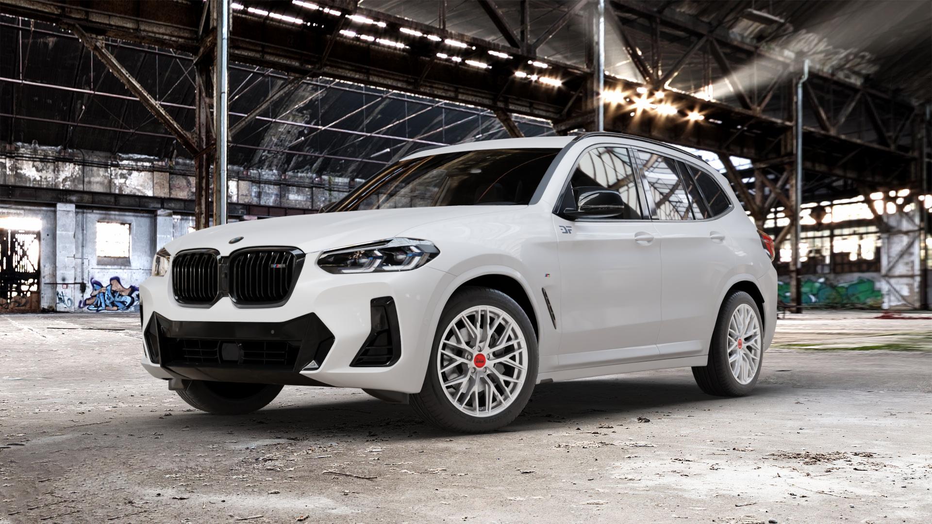 MAM RS4 MATT SILVER PAINTED Felge mit Reifen silber in 19Zoll Winterfelge Alufelge auf weissem BMW X3 Typ G01 (G3X) Facelift ⬇️ mit 15mm Tieferlegung ⬇️ Old Industrial Hall_max_5300mm_2024 Frontansicht_1