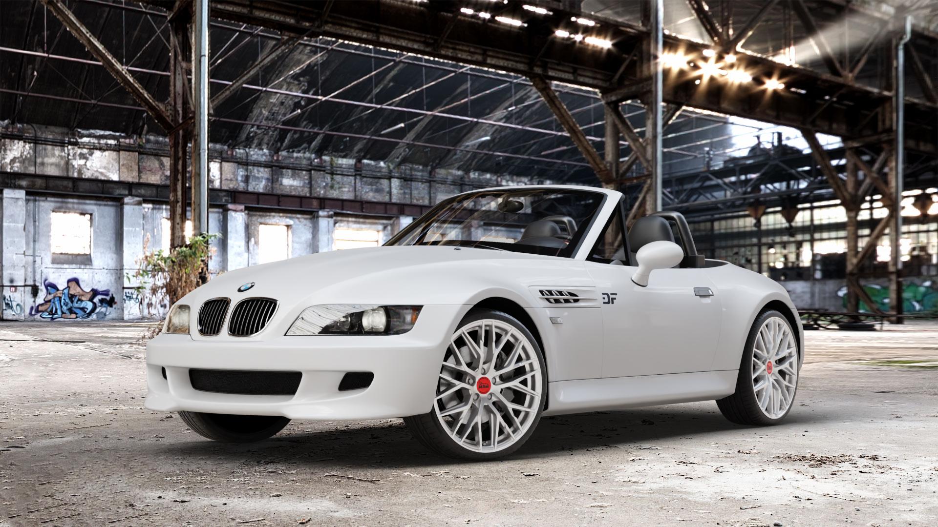 MAM RS4 MATT SILVER PAINTED Felge mit Reifen silber in 19Zoll Winterfelge Alufelge auf weissem BMW Z3 Roadster Typ E36/7(S) (R/C) ⬇️ mit 15mm Tieferlegung ⬇️ Old Industrial Hall_max_4400mm_2024 Frontansicht_1