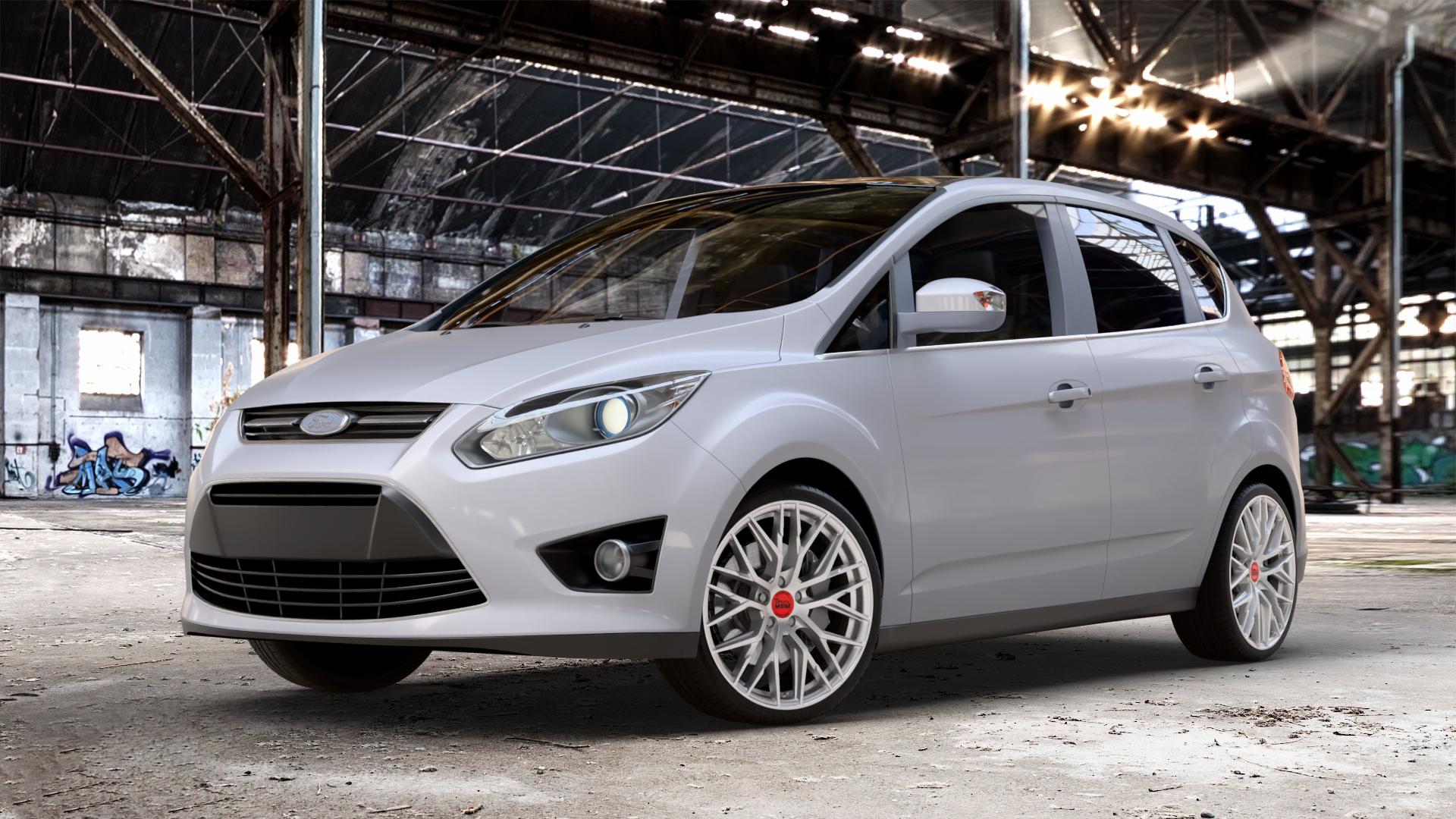 MAM RS4 MATT SILVER PAINTED Felge mit Reifen silber in 19Zoll Winterfelge Alufelge auf weissem Ford C-Max II Typ DXA (10->) ⬇️ mit 15mm Tieferlegung ⬇️ Old Industrial Hall_max_4400mm_2024 Frontansicht_1