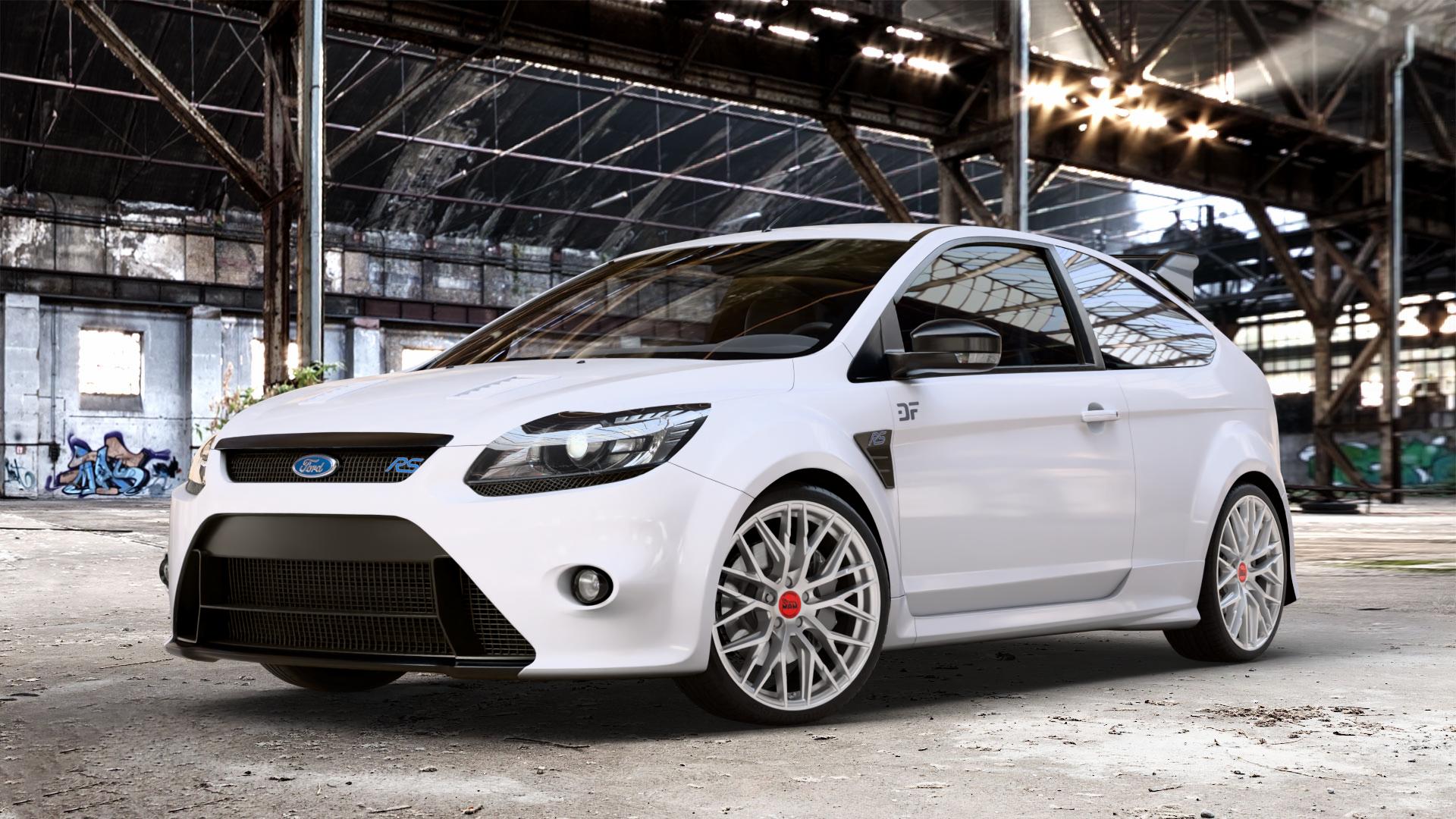 MAM RS4 MATT SILVER PAINTED Felge mit Reifen silber in 19Zoll Winterfelge Alufelge auf weissem Ford Focus II Typ DA3 (Schrägheck) 2,5l RS 224kW (305 PS) RS500 257kW (349 ⬇️ mit 15mm Tieferlegung ⬇️ Old Industrial Hall_max_4400mm_2024 Frontansicht_1