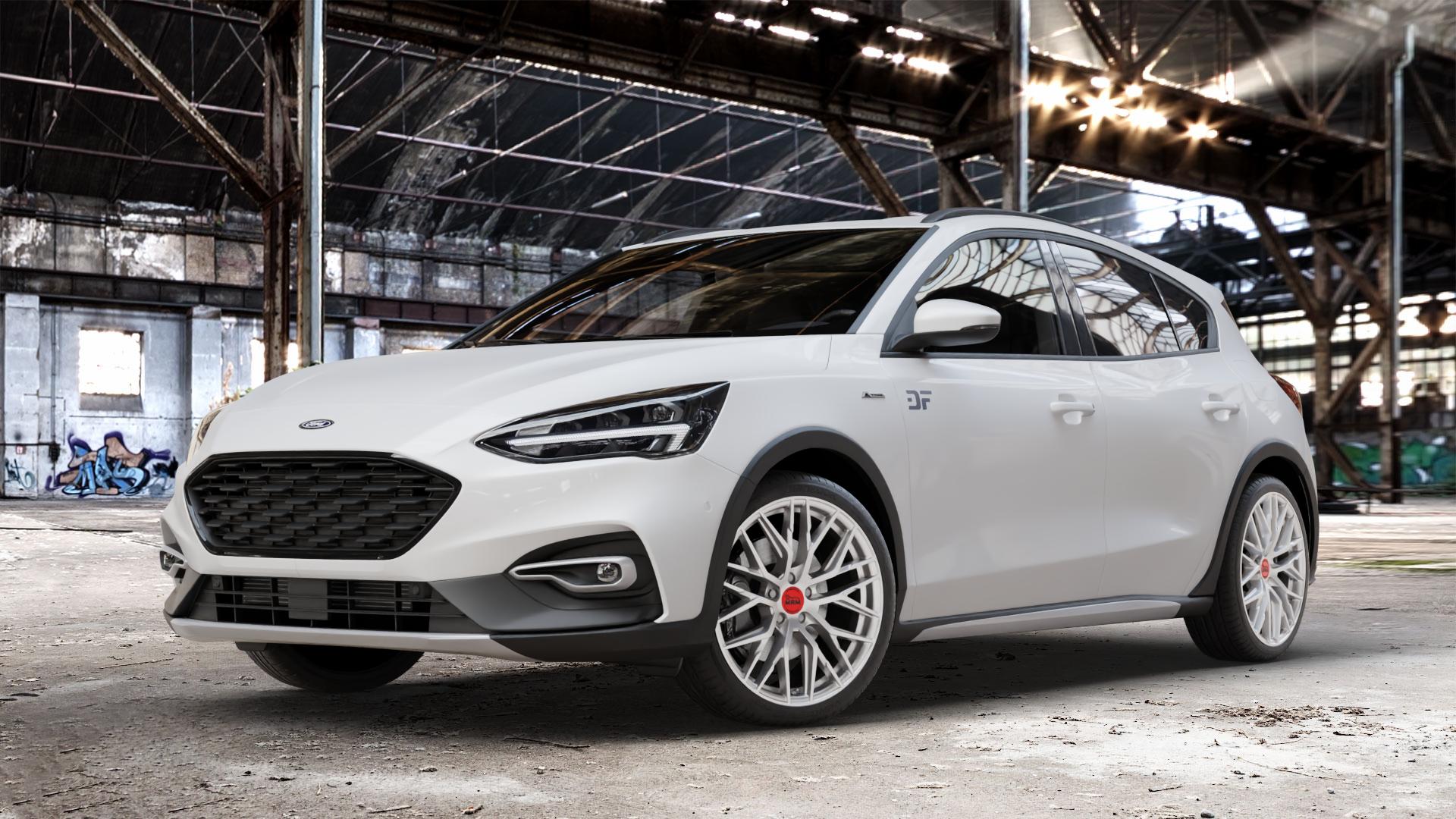 MAM RS4 MATT SILVER PAINTED Felge mit Reifen silber in 19Zoll Winterfelge Alufelge auf weissem Ford Focus IV Active Typ DEH (Schrägheck) ⬇️ mit 15mm Tieferlegung ⬇️ Old Industrial Hall_max_4400mm_2024 Frontansicht_1