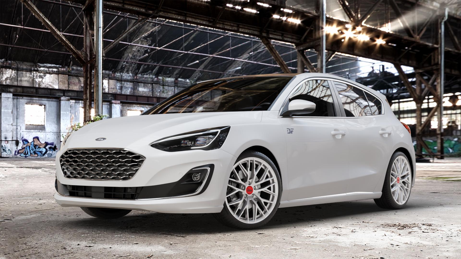 MAM RS4 MATT SILVER PAINTED Felge mit Reifen silber in 19Zoll Winterfelge Alufelge auf weissem Ford Focus IV Typ DEH (Schrägheck) ⬇️ mit 15mm Tieferlegung ⬇️ Old Industrial Hall_max_4400mm_2024 Frontansicht_1