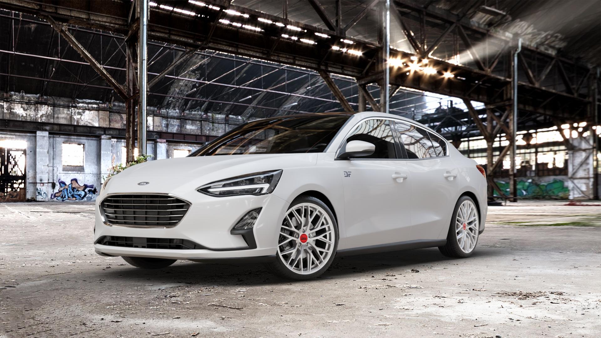 MAM RS4 MATT SILVER PAINTED Felge mit Reifen silber in 19Zoll Winterfelge Alufelge auf weissem Ford Focus IV Typ DEH (Stufenheck) ⬇️ mit 15mm Tieferlegung ⬇️ Old Industrial Hall_max_5300mm_2024 Frontansicht_1