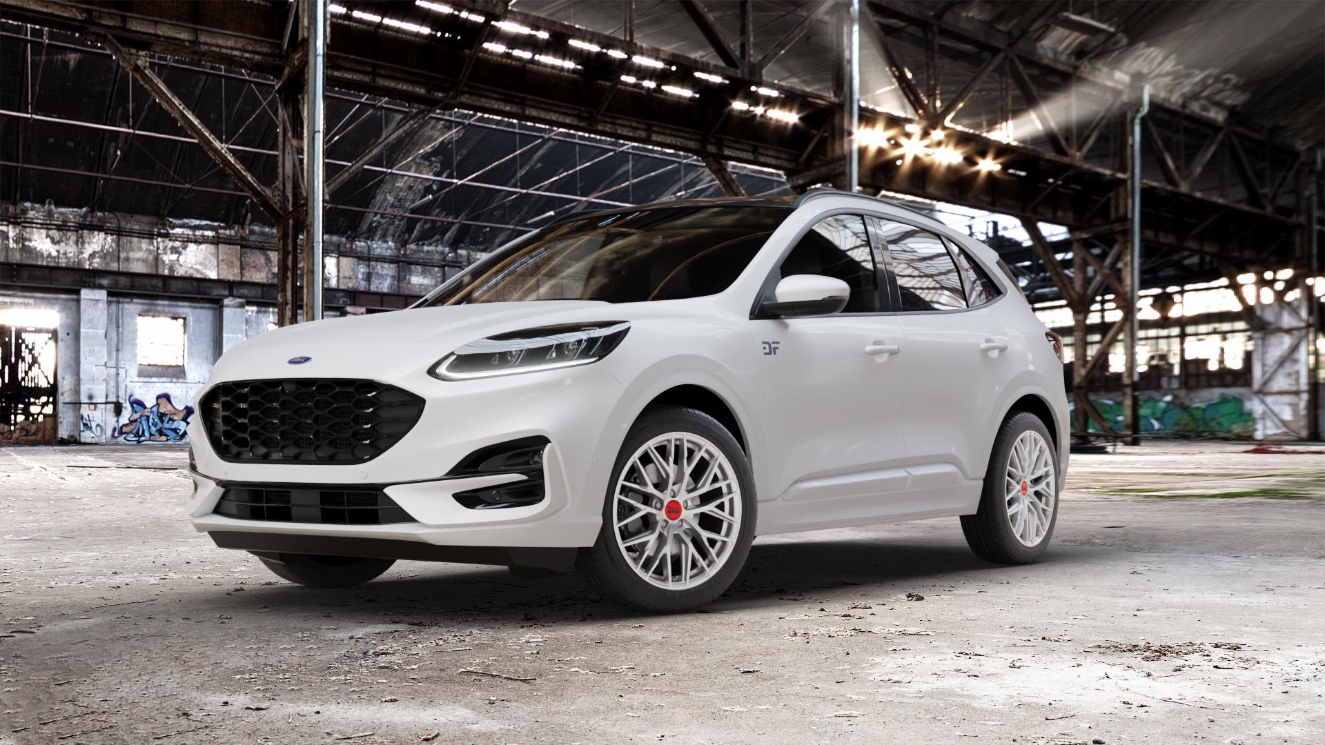 MAM RS4 MATT SILVER PAINTED Felge mit Reifen silber in 19Zoll Winterfelge Alufelge auf weissem Ford Kuga III Typ DFK ⬇️ mit 15mm Tieferlegung ⬇️ Old Industrial Hall_max_5300mm_2024 Frontansicht_1