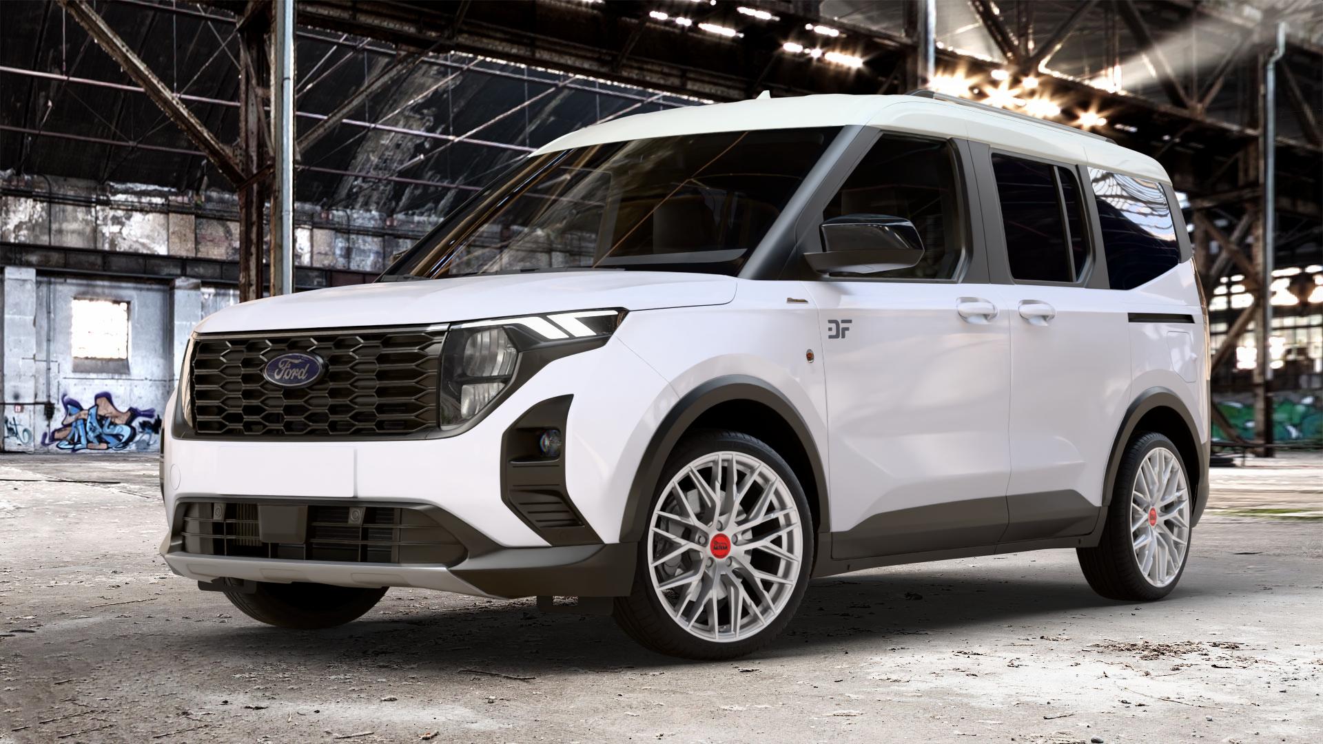 MAM RS4 MATT SILVER PAINTED Felge mit Reifen silber in 19Zoll Winterfelge Alufelge auf weissem Ford Tourneo Courier Typ N3P 1,0l EcoBoost 92kW (125 PS) 74kW (101 1,5l EcoBlue 73kW (99 ⬇️ mit 15mm Tieferlegung ⬇️ Old Industrial Hall_max_4400mm_2024 Frontansicht_1