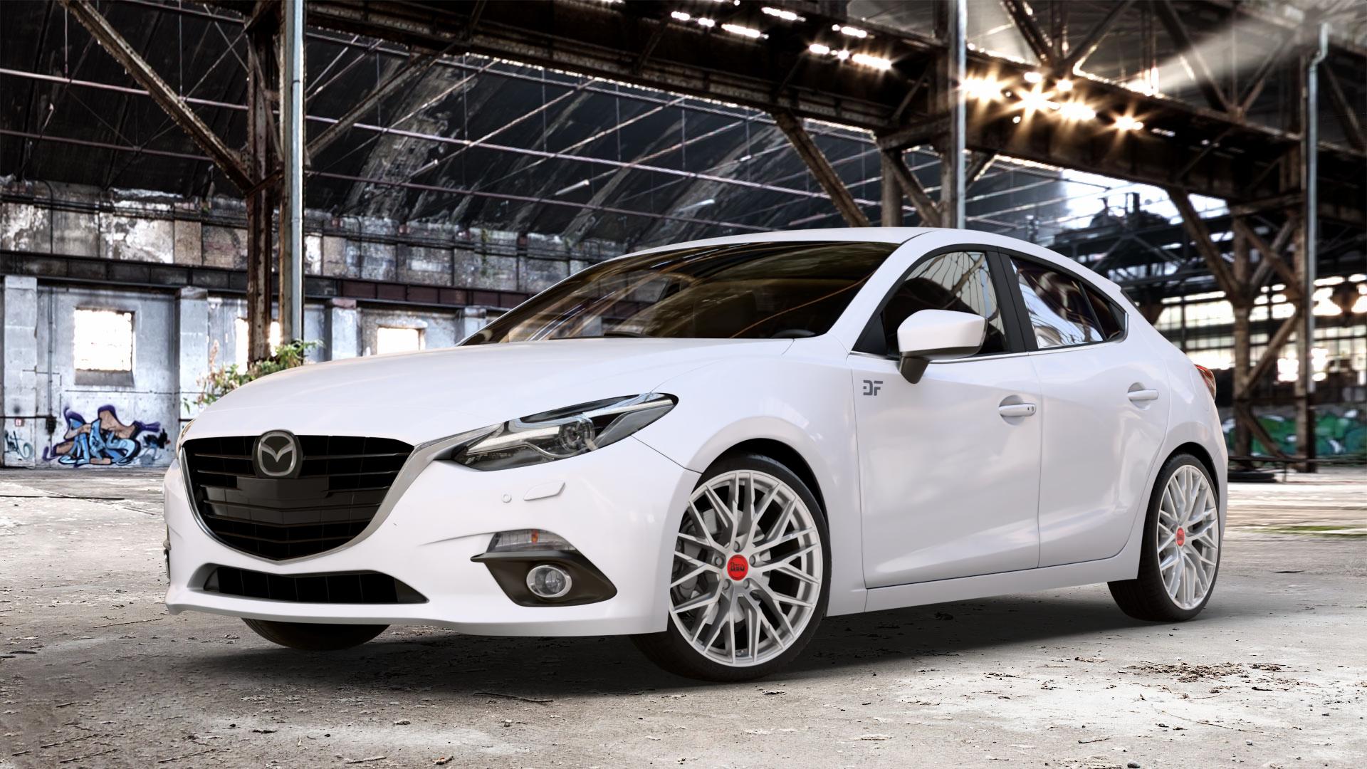 MAM RS4 MATT SILVER PAINTED Felge mit Reifen silber in 19Zoll Winterfelge Alufelge auf weissem Mazda 3 (13-) Stufenheck (BM) Sport (17-) Facelift Fließheck ⬇️ mit 15mm Tieferlegung ⬇️ Old Industrial Hall_max_4400mm_2024 Frontansicht_1