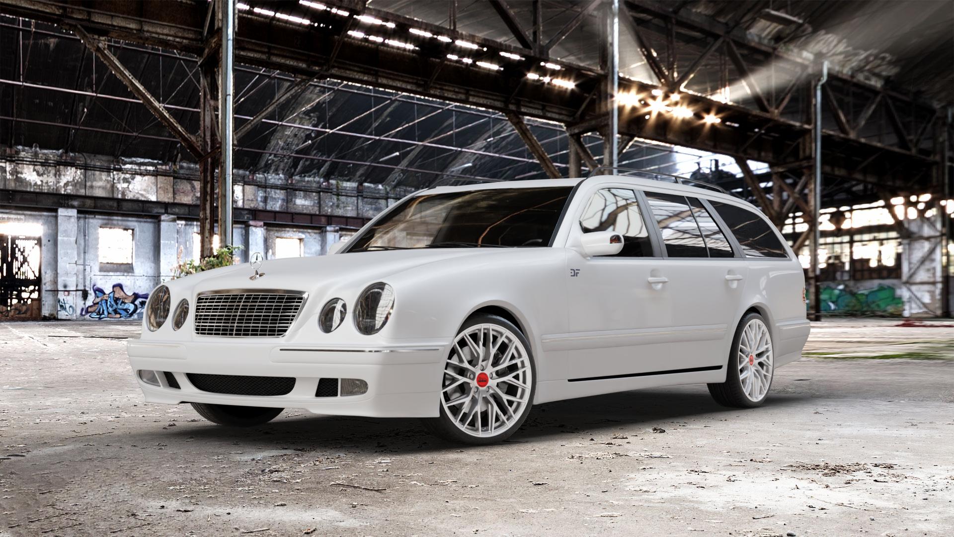 MAM RS4 MATT SILVER PAINTED Felge mit Reifen silber in 19Zoll Winterfelge Alufelge auf weissem Mercedes E-Klasse Typ S210 Kombi ⬇️ mit 15mm Tieferlegung ⬇️ Old Industrial Hall_max_5300mm_2024 Frontansicht_1