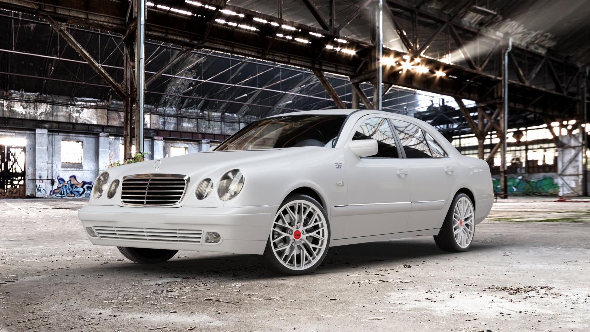 MAM RS4 MATT SILVER PAINTED Felge mit Reifen silber in 19Zoll Winterfelge Alufelge auf weissem Mercedes E-Klasse Typ W210 Limousine ⬇️ mit 15mm Tieferlegung ⬇️ Old Industrial Hall_max_5300mm_2024 Frontansicht_1