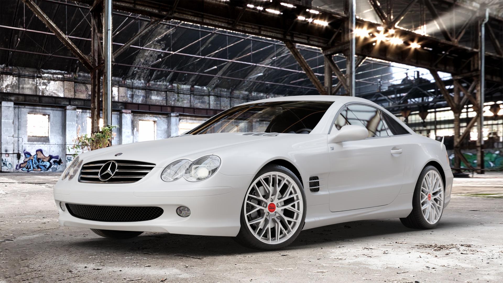 MAM RS4 MATT SILVER PAINTED Felge mit Reifen silber in 19Zoll Winterfelge Alufelge auf weissem Mercedes SL Typ R230 ⬇️ mit 15mm Tieferlegung ⬇️ Old Industrial Hall_max_4400mm_2024 Frontansicht_1