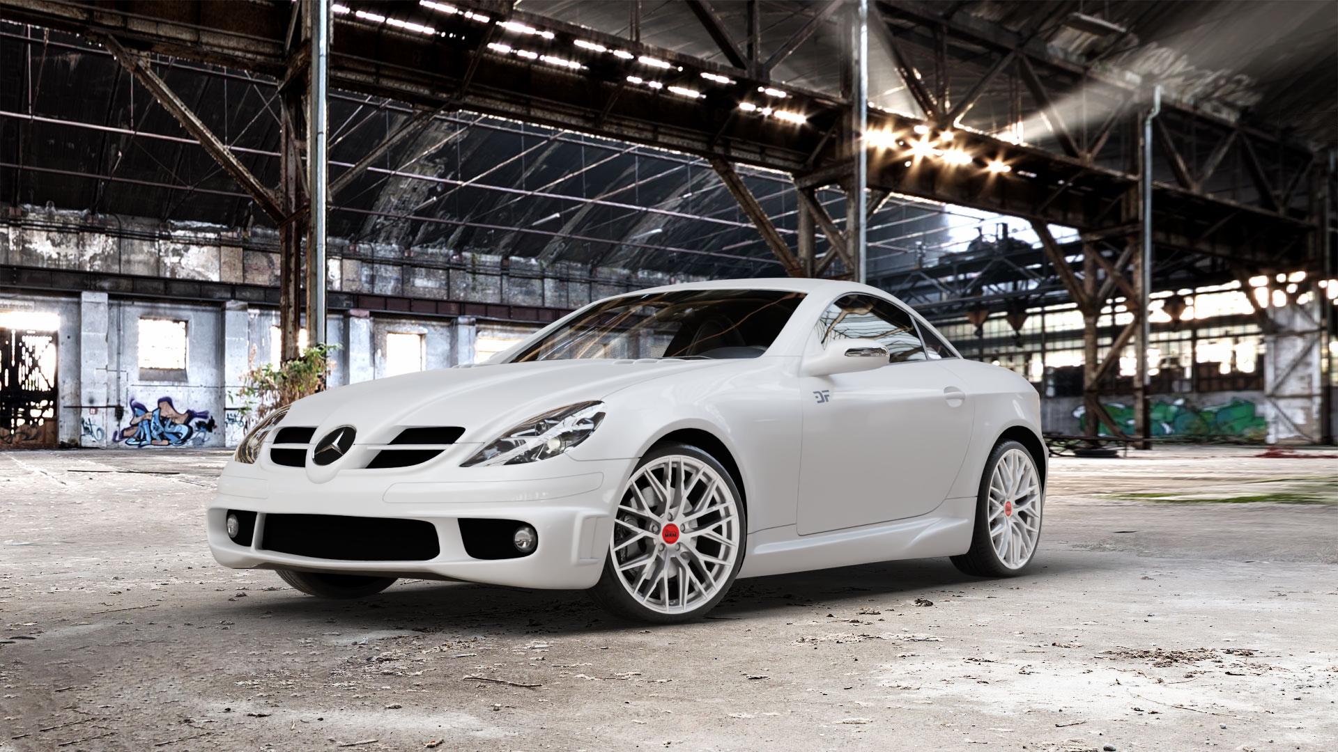 MAM RS4 MATT SILVER PAINTED Felge mit Reifen silber in 19Zoll Winterfelge Alufelge auf weissem Mercedes SLK Typ R171 ⬇️ mit 15mm Tieferlegung ⬇️ Old Industrial Hall_max_5300mm_2024 Frontansicht_1