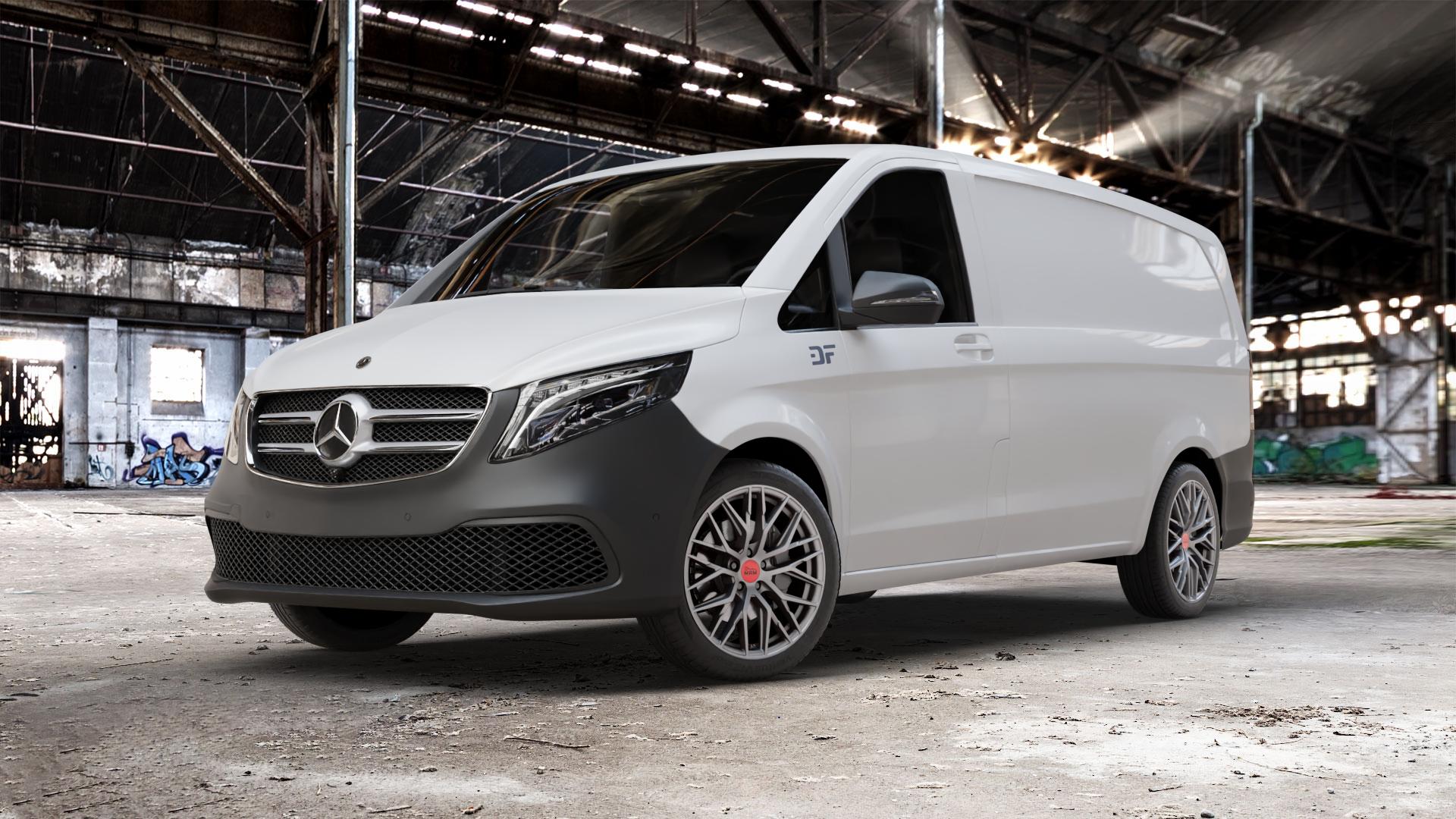 MAM RS4 MATT SILVER PAINTED Felge mit Reifen silber in 19Zoll Winterfelge Alufelge auf weissem Mercedes Vito Kasten Typ W447 Facelift ⬇️ mit 15mm Tieferlegung ⬇️ Old Industrial Hall_max_5300mm_2024 Frontansicht_1