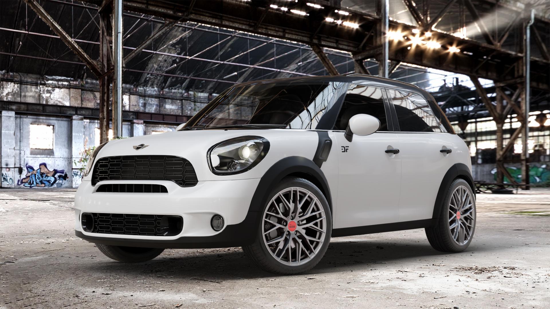 MAM RS4 MATT SILVER PAINTED Felge mit Reifen silber in 19Zoll Winterfelge Alufelge auf weissem Mini R60 Typ UKL/X (Countryman) UKL-N1 ⬇️ mit 15mm Tieferlegung ⬇️ Old Industrial Hall_max_4400mm_2024 Frontansicht_1
