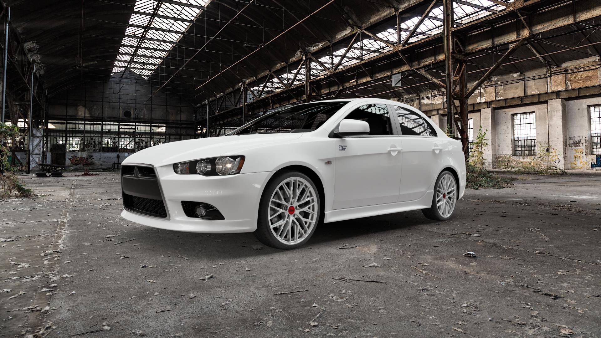 MAM RS4 MATT SILVER PAINTED Felge mit Reifen silber in 19Zoll Winterfelge Alufelge auf weissem Mitsubishi Lancer Typ CYO Stufenheck Sportback ⬇️ mit 15mm Tieferlegung ⬇️ Old Industrial Hall_max5000mm_2022 Frontansicht_1