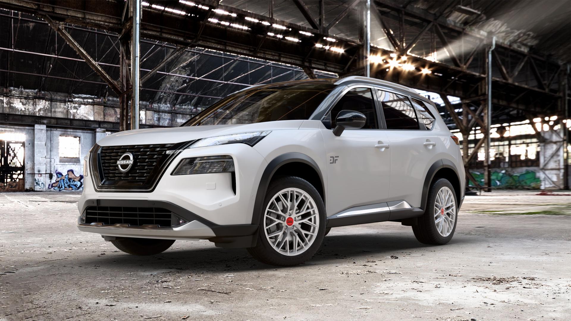 MAM RS4 MATT SILVER PAINTED Felge mit Reifen silber in 19Zoll Winterfelge Alufelge auf weissem Nissan X-Trail Typ T33 ⬇️ mit 15mm Tieferlegung ⬇️ Old Industrial Hall_max_5300mm_2024 Frontansicht_1