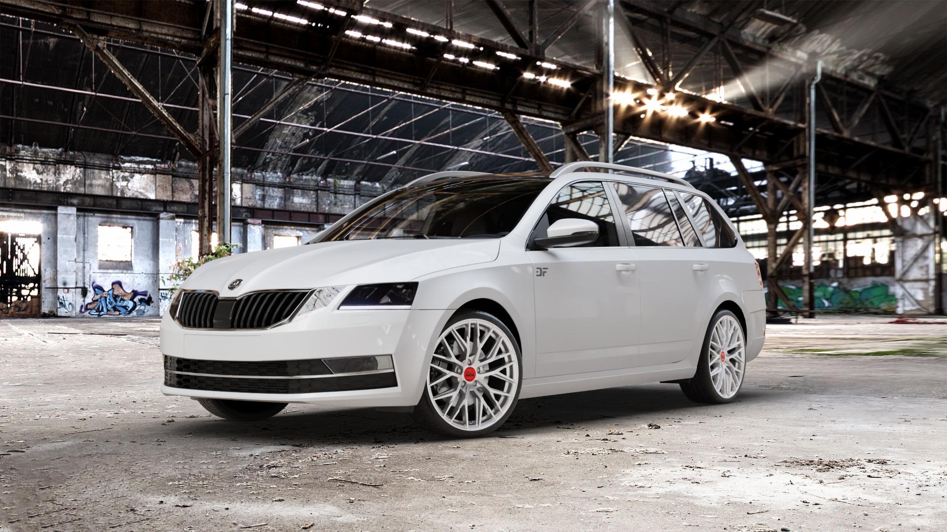 MAM RS4 MATT SILVER PAINTED Felge mit Reifen silber in 19Zoll Winterfelge Alufelge auf weissem Skoda Octavia III Kombi Typ 5E Facelift ⬇️ mit 15mm Tieferlegung ⬇️ Old Industrial Hall_max_5300mm_2024 Frontansicht_1