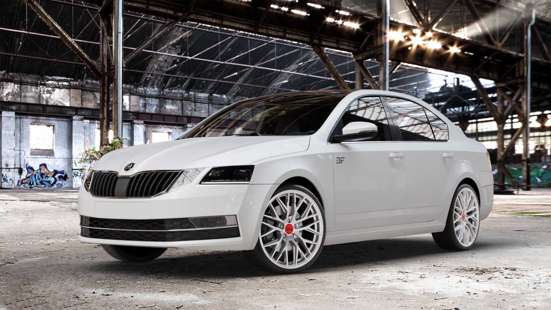 MAM RS4 MATT SILVER PAINTED Felge mit Reifen silber in 19Zoll Winterfelge Alufelge auf weissem Skoda Octavia III Limousine Typ 5E Facelift ⬇️ mit 15mm Tieferlegung ⬇️ Old Industrial Hall_max_4400mm_2024 Frontansicht_1
