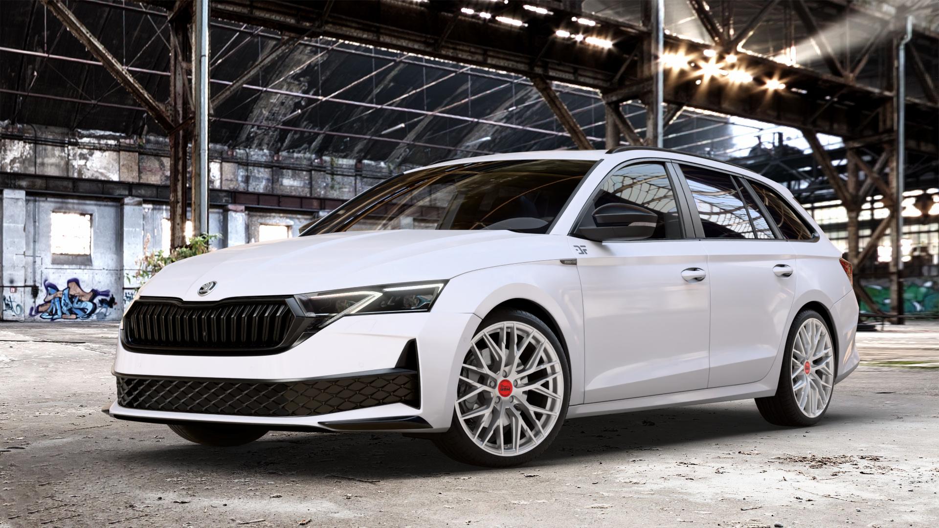 MAM RS4 MATT SILVER PAINTED Felge mit Reifen silber in 19Zoll Winterfelge Alufelge auf weissem Skoda Octavia IV Kombi Typ NX Facelift 1,5l TSI 85kW (116 PS) Mild-Hybrid 110kW (150 2,0l TDI ⬇️ mit 15mm Tieferlegung ⬇️ Old Industrial Hall_max_4400mm_2024 Frontansicht_1