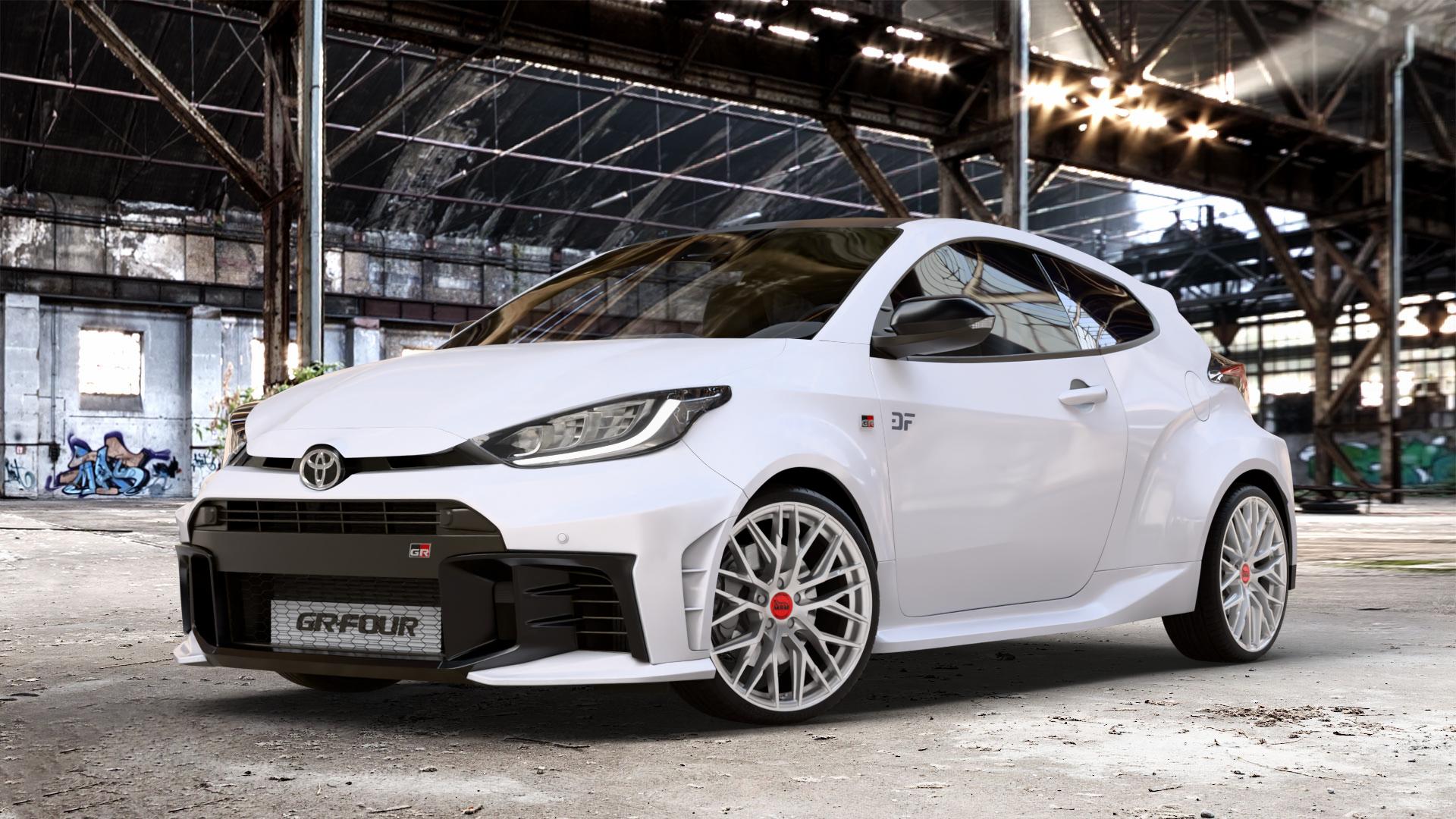 MAM RS4 MATT SILVER PAINTED Felge mit Reifen silber in 19Zoll Winterfelge Alufelge auf weissem Toyota Yaris IV GR Typ XPA1G(EU,M) Facelift ⬇️ mit 15mm Tieferlegung ⬇️ Old Industrial Hall_max_4400mm_2024 Frontansicht_1