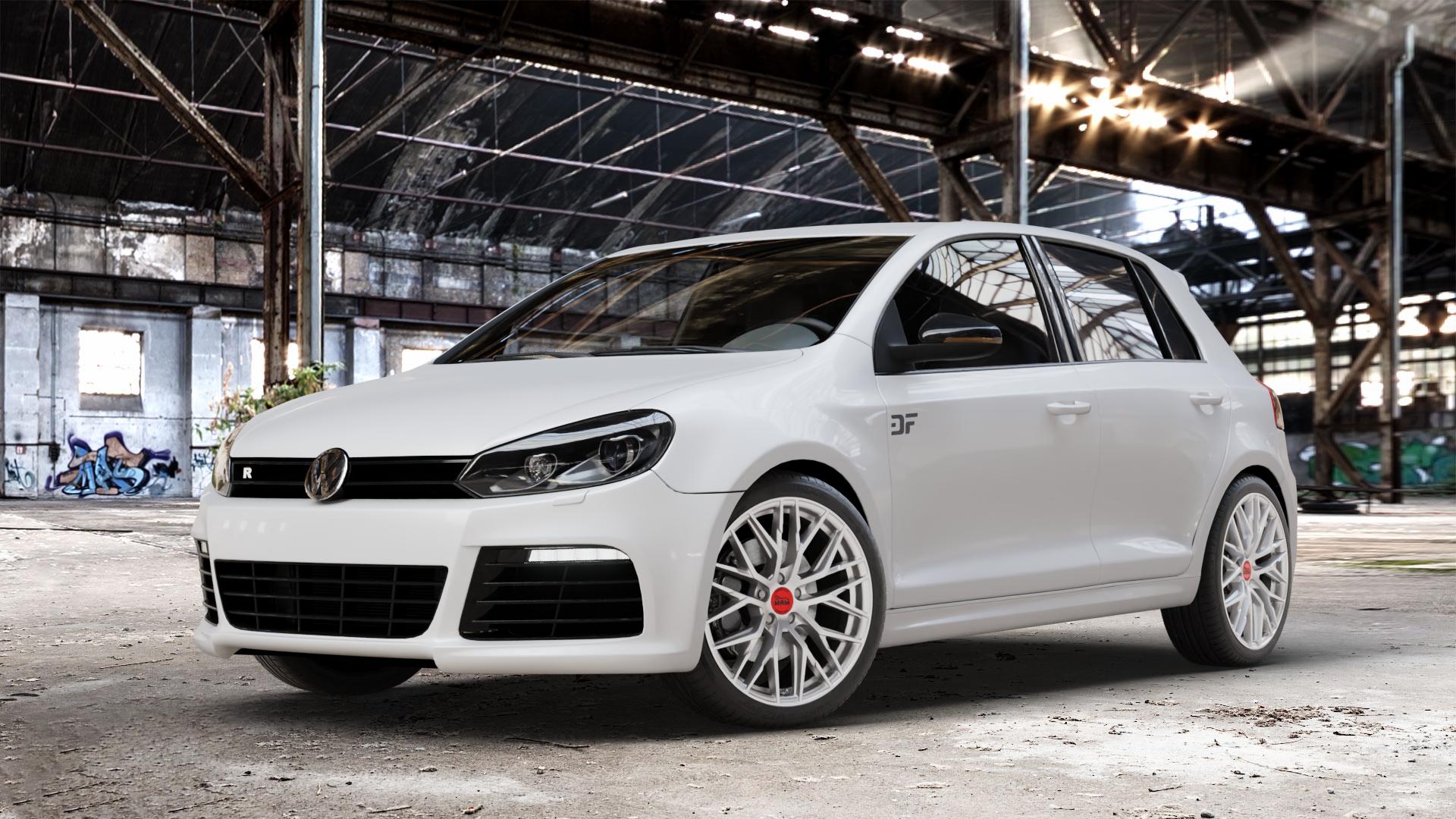 MAM RS4 MATT SILVER PAINTED Felge mit Reifen silber in 19Zoll Winterfelge Alufelge auf weissem Volkswagen (VW) Golf 6 2,0l Turbo R 4motion 199kW (271 PS) ⬇️ mit 15mm Tieferlegung ⬇️ Old Industrial Hall_max_4400mm_2024 Frontansicht_1