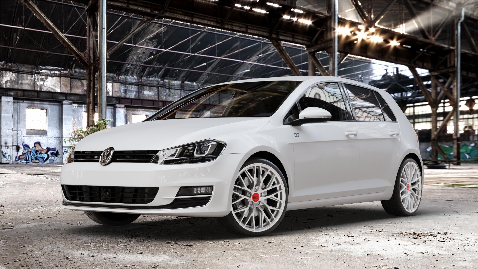 MAM RS4 MATT SILVER PAINTED Felge mit Reifen silber in 19Zoll Winterfelge Alufelge auf weissem Volkswagen (VW) Golf 7 ⬇️ mit 15mm Tieferlegung ⬇️ Old Industrial Hall_max_4400mm_2024 Frontansicht_1