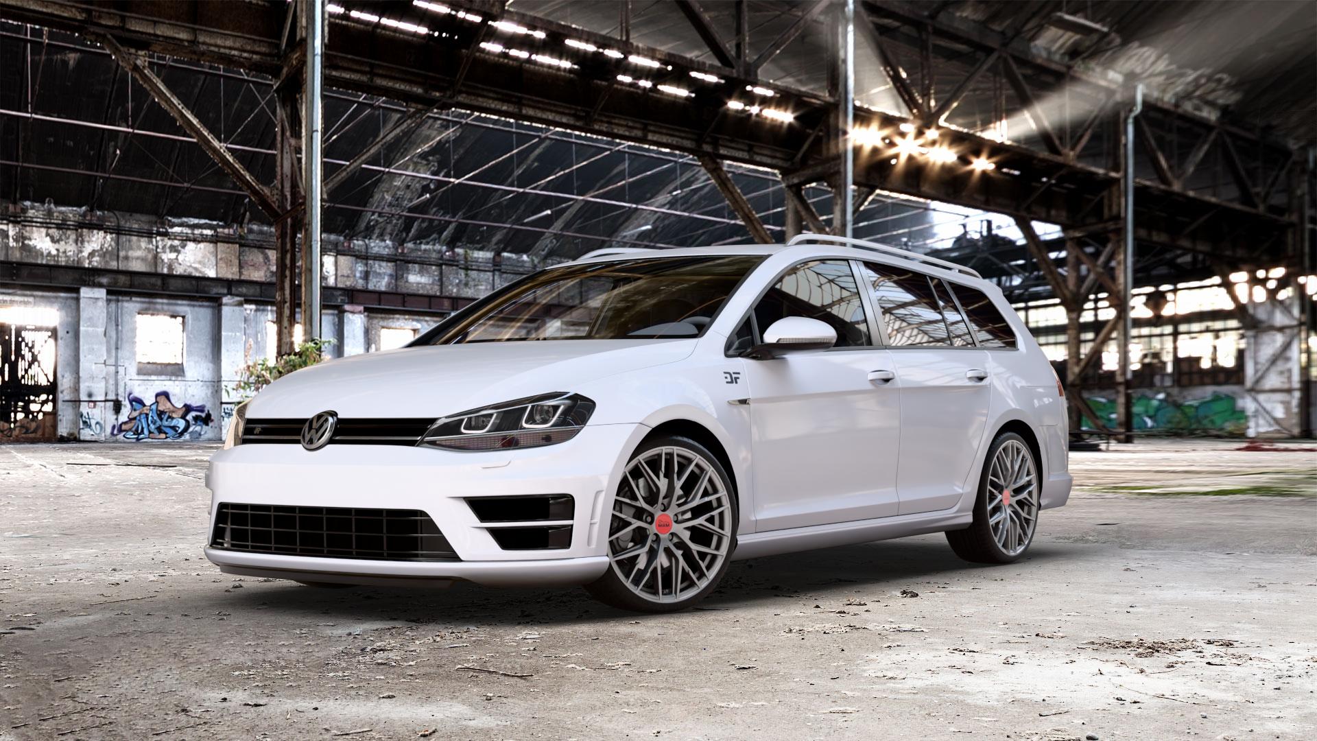 MAM RS4 MATT SILVER PAINTED Felge mit Reifen silber in 19Zoll Winterfelge Alufelge auf weissem Volkswagen (VW) Golf 7 Variant 2,0l R 4Motion 221kW (300 PS) Facelift 213kW (290 228kW (310 ⬇️ mit 15mm Tieferlegung ⬇️ Old Industrial Hall_max_5300mm_2024 Frontansicht_1