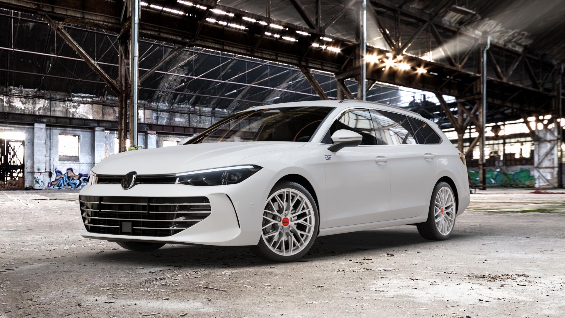 MAM RS4 MATT SILVER PAINTED Felge mit Reifen silber in 19Zoll Winterfelge Alufelge auf weissem Volkswagen (VW) Passat CJ/B9 Variant ⬇️ mit 15mm Tieferlegung ⬇️ Old Industrial Hall_max_5300mm_2024 Frontansicht_1