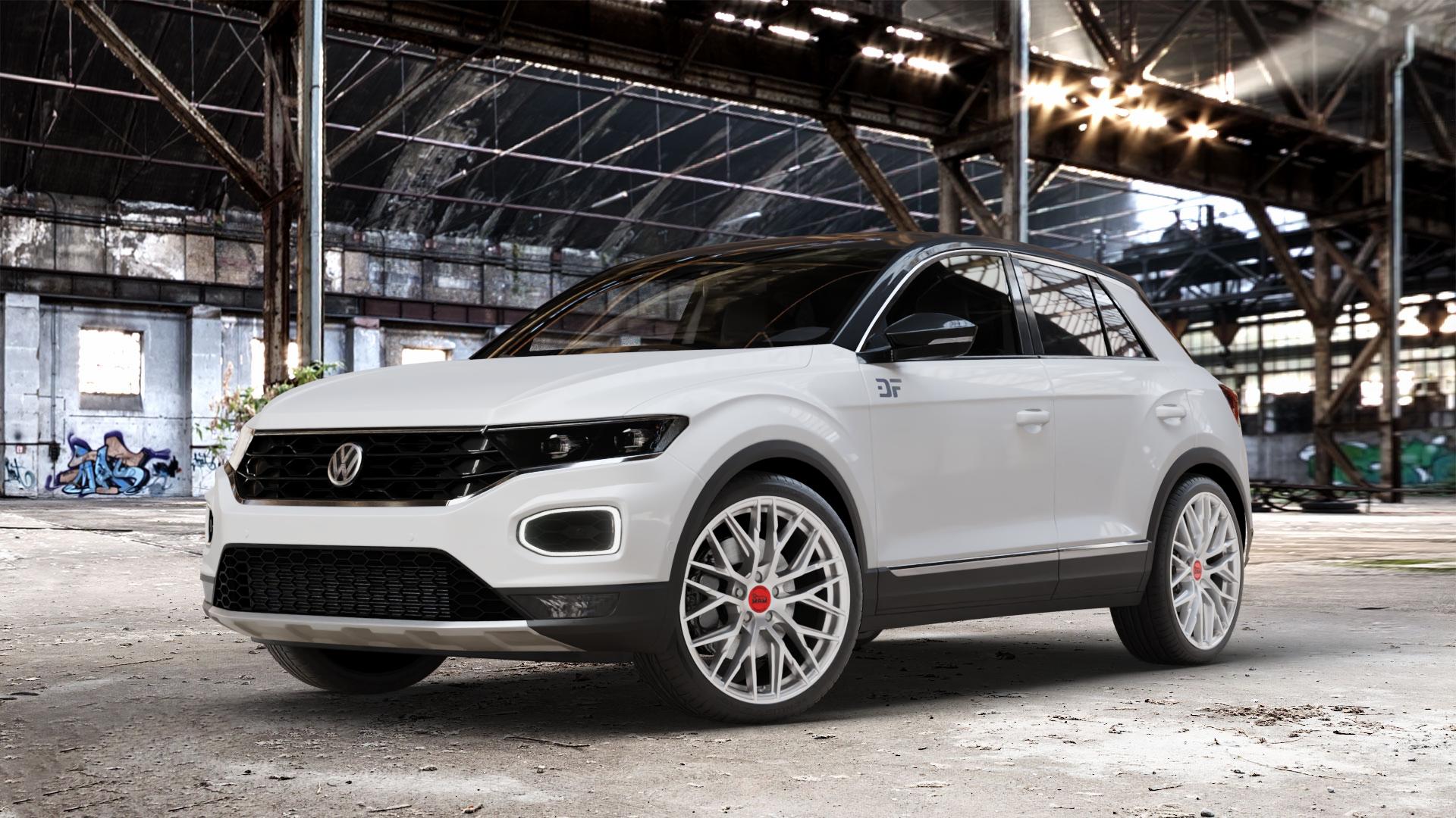 MAM RS4 MATT SILVER PAINTED Felge mit Reifen silber in 19Zoll Winterfelge Alufelge auf weissem Volkswagen (VW) T-Roc ⬇️ mit 15mm Tieferlegung ⬇️ Old Industrial Hall_max_4400mm_2024 Frontansicht_1