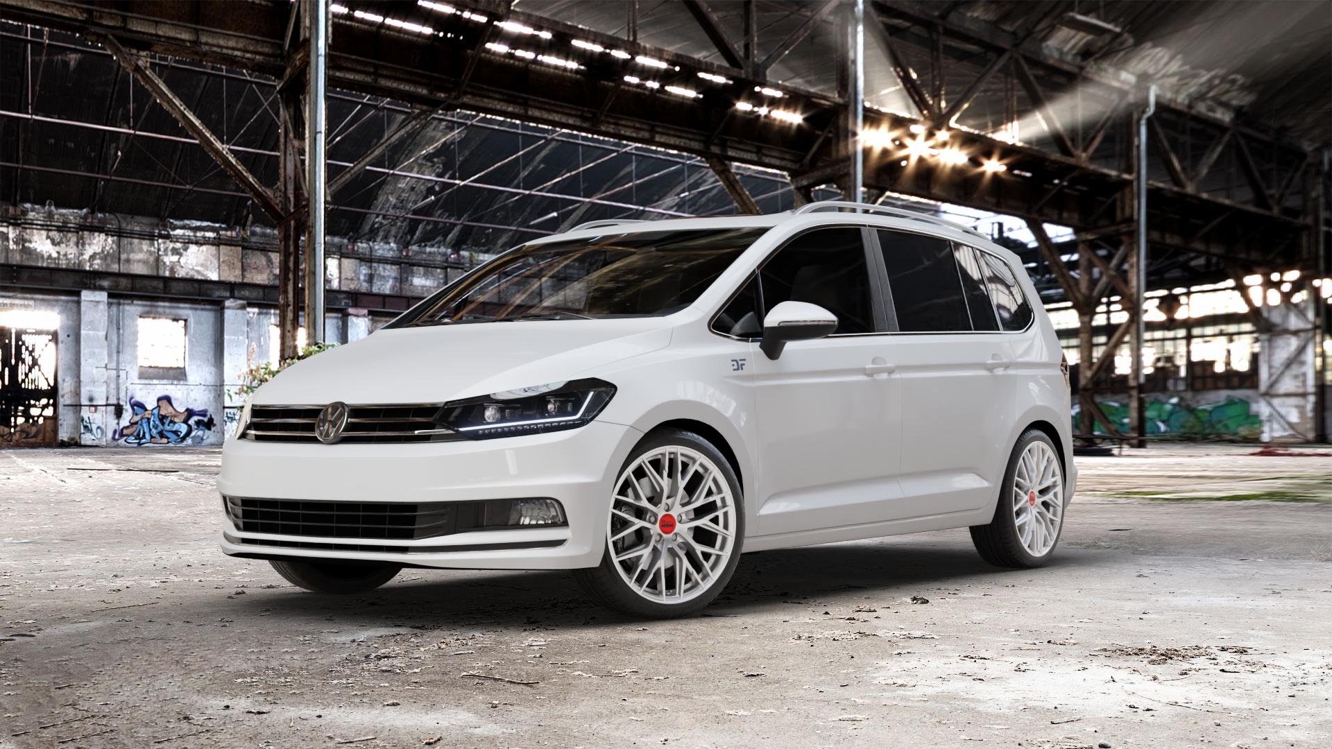 MAM RS4 MATT SILVER PAINTED Felge mit Reifen silber in 19Zoll Winterfelge Alufelge auf weissem Volkswagen (VW) Touran III Typ 1T (15->) ⬇️ mit 15mm Tieferlegung ⬇️ Old Industrial Hall_max_5300mm_2024 Frontansicht_1