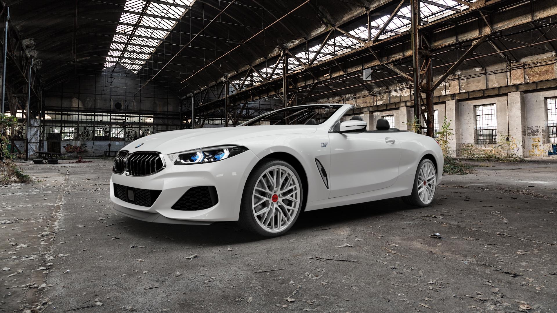 MAM RS4 MATT SILVER PAINTED Felge mit Reifen silber in 20Zoll Winterfelge Alufelge auf weissem BMW 840d xDrive Typ G14 3,0l 235kW (320 PS) M850i 4,4l 390kW (530 840i 250kW (340 M8 F8CM (Cabrio) 8er Cabrio (G8C) ⬇️ mit 15mm Tieferlegung ⬇️ Old Industrial Hall_max5000mm_2022 Frontansicht_1