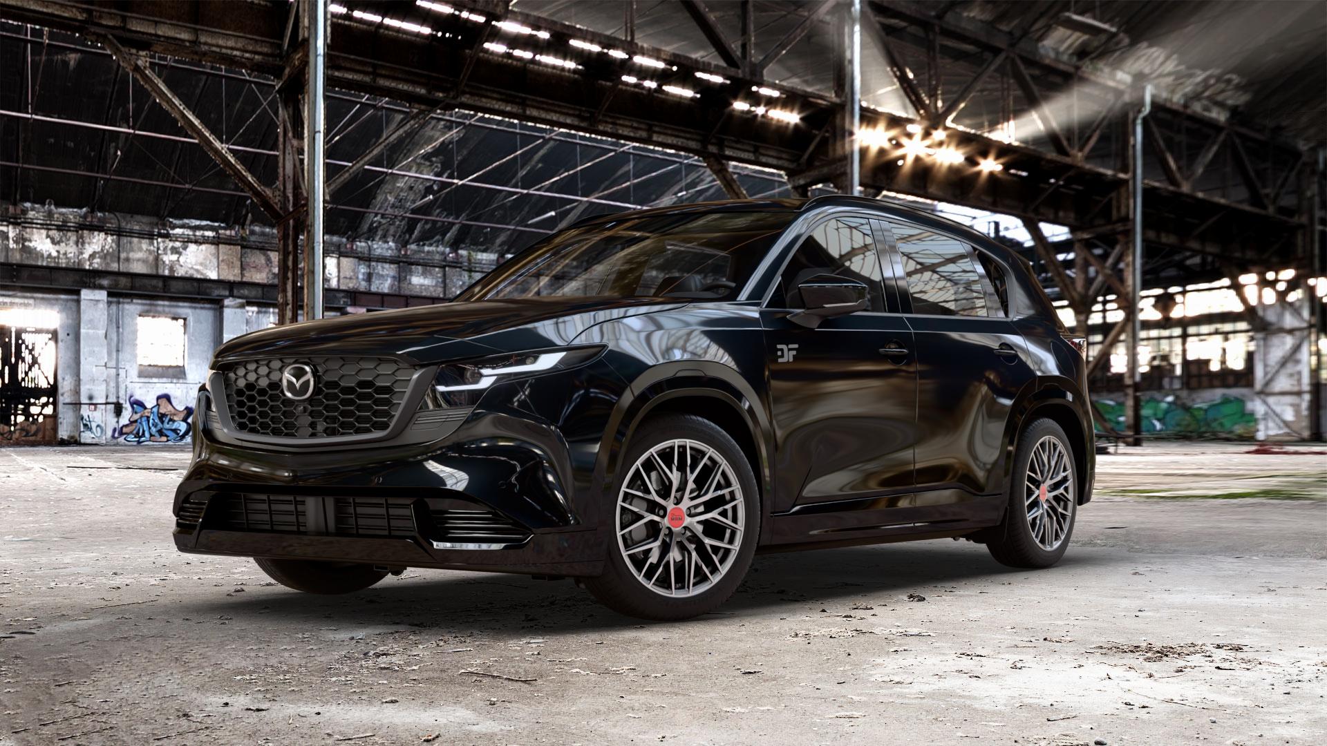 MAM RS4 PALLADIUM FRONT POLISH Felge mit Reifen silber mehrfarbig anthrazit in 19Zoll Winterfelge Alufelge auf metallic schwarzem Mazda CX-5 Typ KM01 CX ⬇️ mit 15mm Tieferlegung ⬇️ Old Industrial Hall_max_5300mm_2024 Frontansicht_1