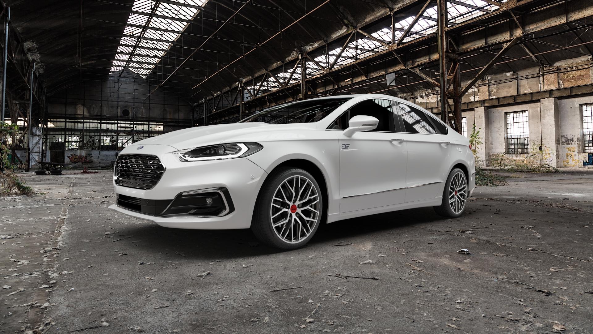 MAM RS4 PALLADIUM FRONT POLISH Felge mit Reifen silber mehrfarbig anthrazit in 19Zoll Winterfelge Alufelge auf weissem Ford Mondeo V Fließheck Typ BA7 Facelift ⬇️ mit 15mm Tieferlegung ⬇️ Old Industrial Hall_max5000mm_2022 Frontansicht_1