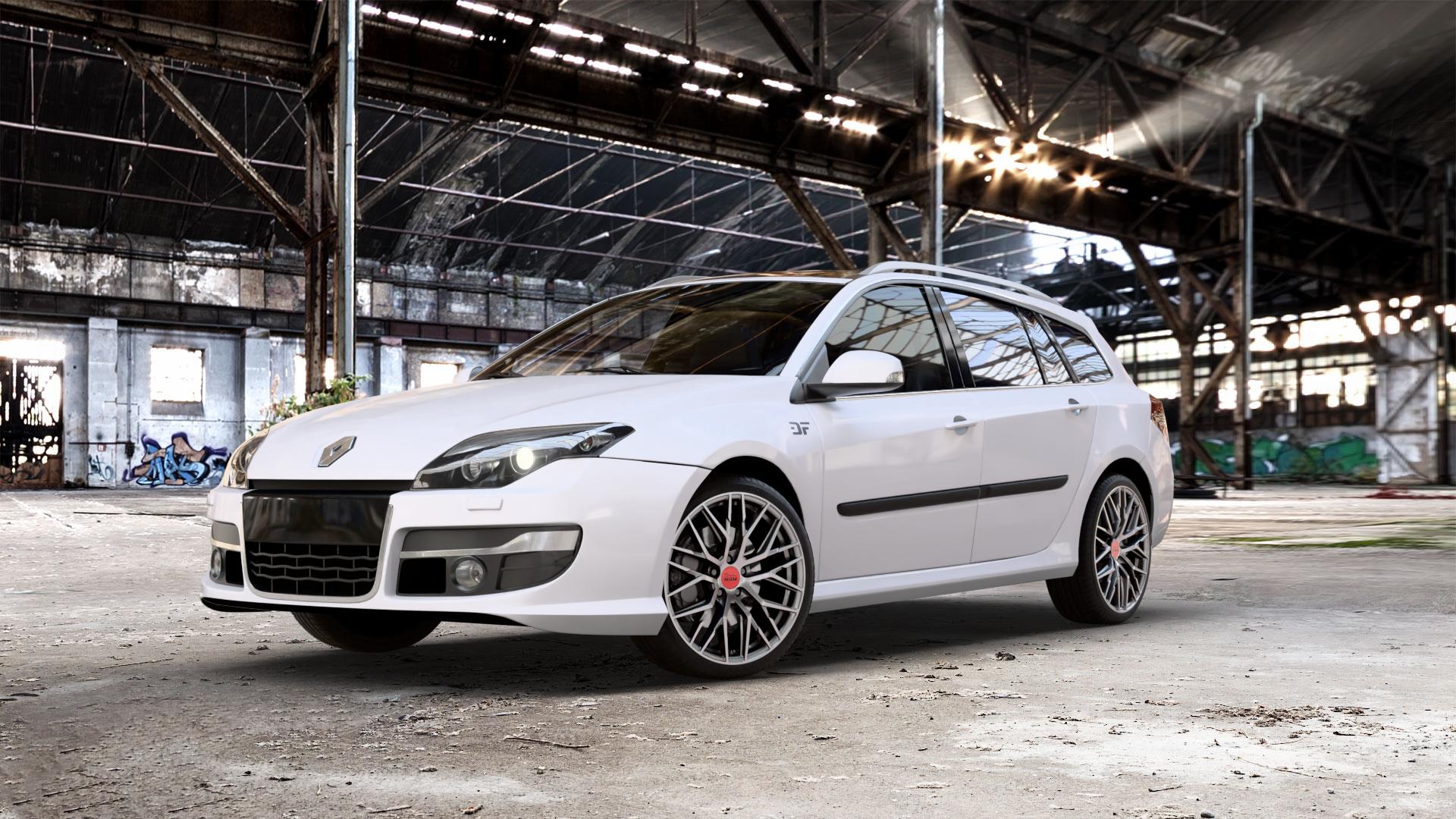 MAM RS4 PALLADIUM FRONT POLISH Felge mit Reifen silber mehrfarbig anthrazit in 19Zoll Winterfelge Alufelge auf weissem Renault Laguna III Grandtour Typ T ⬇️ mit 15mm Tieferlegung ⬇️ Old Industrial Hall_max_5300mm_2024 Frontansicht_1