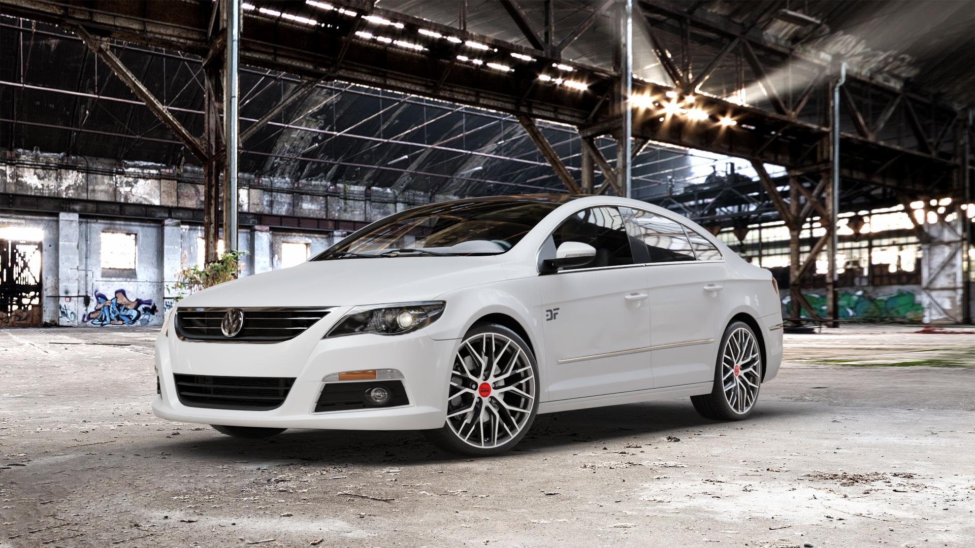 MAM RS4 PALLADIUM FRONT POLISH Felge mit Reifen silber mehrfarbig anthrazit in 19Zoll Winterfelge Alufelge auf weissem Volkswagen (VW) CC I ⬇️ mit 15mm Tieferlegung ⬇️ Old Industrial Hall_max_5300mm_2024 Frontansicht_1