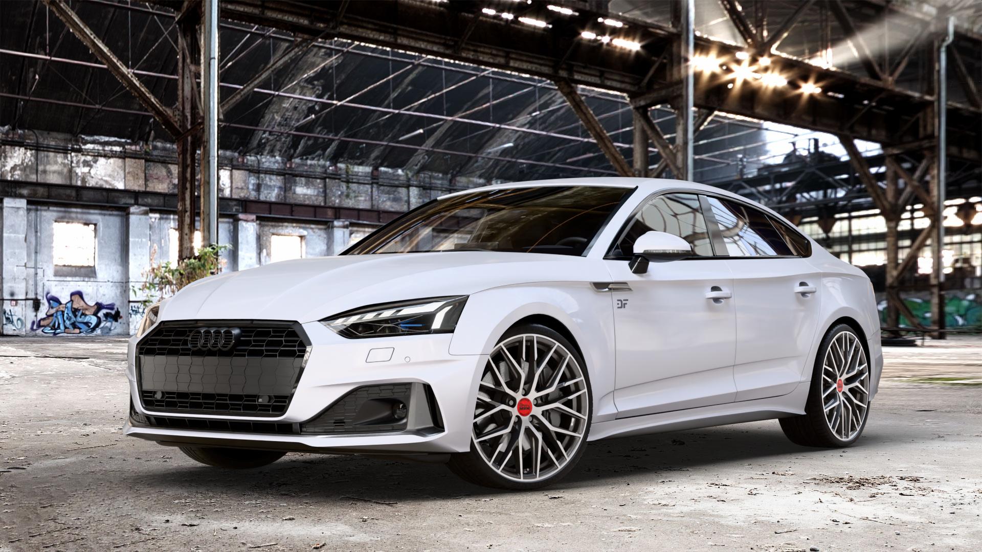MAM RS4 PALLADIUM FRONT POLISH Felge mit Reifen silber mehrfarbig anthrazit in 20Zoll Winterfelge Alufelge auf weissem Audi A5 Typ B9 (Sportback) Facelift ⬇️ mit 15mm Tieferlegung ⬇️ Old Industrial Hall_max_4400mm_2024 Frontansicht_1