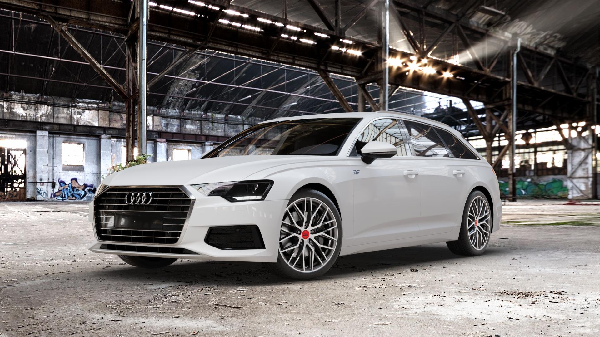 MAM RS4 PALLADIUM FRONT POLISH Felge mit Reifen silber mehrfarbig anthrazit in 20Zoll Winterfelge Alufelge auf weissem Audi A6 Typ F2/C8 (Avant) ⬇️ mit 15mm Tieferlegung ⬇️ Old Industrial Hall_max_5300mm_2024 Frontansicht_1