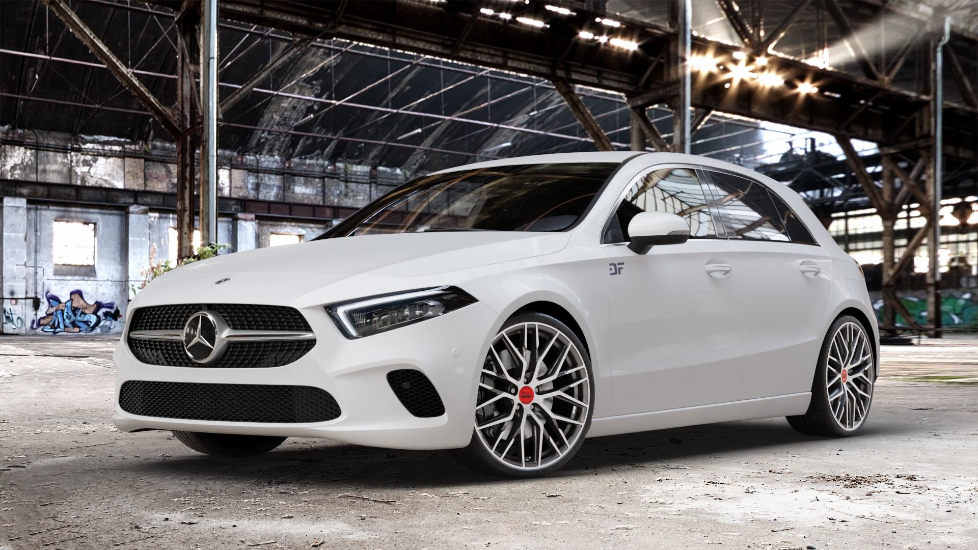 MAM RS4 PALLADIUM FRONT POLISH Felge mit Reifen silber mehrfarbig anthrazit in 20Zoll Winterfelge Alufelge auf weissem Mercedes A-Klasse IV Typ 177 (F2A) Schrägheck 2,0l A 250 165kW (224 PS) 1,3l 200 120kW (163 1,5l 180d 85kW (116 160 80kW (109 180 100kW (136 220 140kW (190 4Mat ⬇️ mit 15mm Tieferlegung ⬇️ Old Industrial Hall_max_4400mm_2024 Frontansicht_1