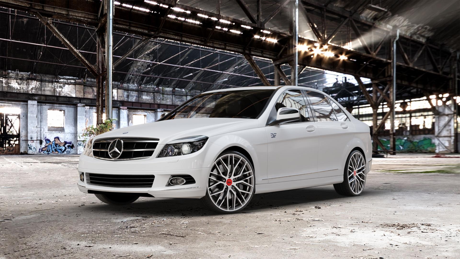 MAM RS4 PALLADIUM FRONT POLISH Felge mit Reifen silber mehrfarbig anthrazit in 20Zoll Winterfelge Alufelge auf weissem Mercedes C-Klasse Typ W204 Limousine ⬇️ mit 15mm Tieferlegung ⬇️ Old Industrial Hall_max_5300mm_2024 Frontansicht_1