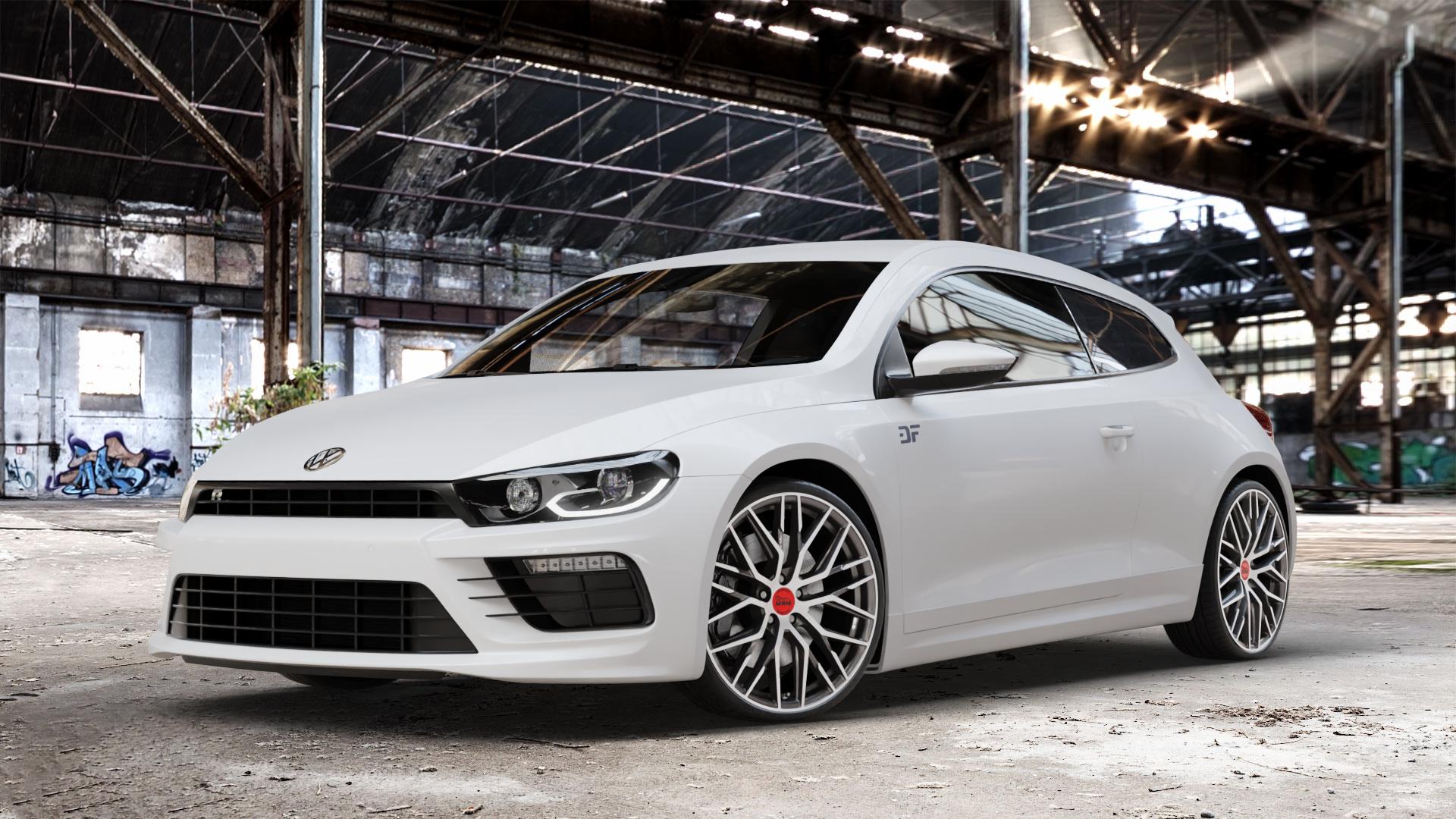 MAM RS4 PALLADIUM FRONT POLISH Felge mit Reifen silber mehrfarbig anthrazit in 20Zoll Winterfelge Alufelge auf weissem Volkswagen (VW) Scirocco III Typ 13 Facelift ⬇️ mit 15mm Tieferlegung ⬇️ Old Industrial Hall_max_4400mm_2024 Frontansicht_1