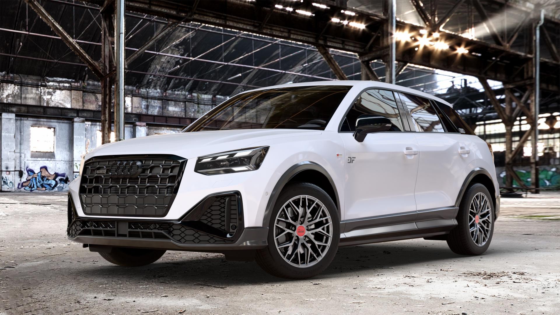 MAM RS4 PALLADIUM PAINTED Felge mit Reifen grau anthrazit in 17Zoll Winterfelge Alufelge auf weißem Audi Q2 Typ GA Facelift ⬇️ mit 15mm Tieferlegung ⬇️ Old Industrial Hall_max_4400mm_2024 Frontansicht_1