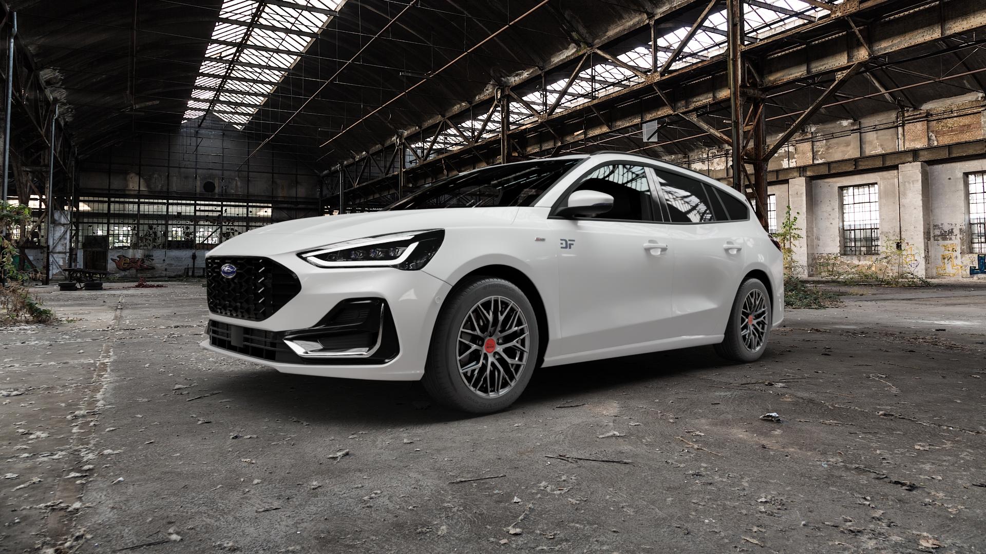 MAM RS4 PALLADIUM PAINTED Felge mit Reifen grau anthrazit in 17Zoll Winterfelge Alufelge auf weissem Ford Focus IV Typ DEH Facelift (Turnier) ⬇️ mit 15mm Tieferlegung ⬇️ Old Industrial Hall_max5000mm_2022 Frontansicht_1