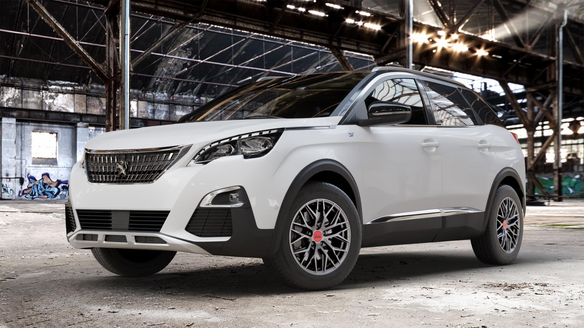 MAM RS4 PALLADIUM PAINTED Felge mit Reifen grau anthrazit in 17Zoll Winterfelge Alufelge auf weissem Peugeot 3008 II Typ M ⬇️ mit 15mm Tieferlegung ⬇️ Old Industrial Hall_max_4400mm_2024 Frontansicht_1